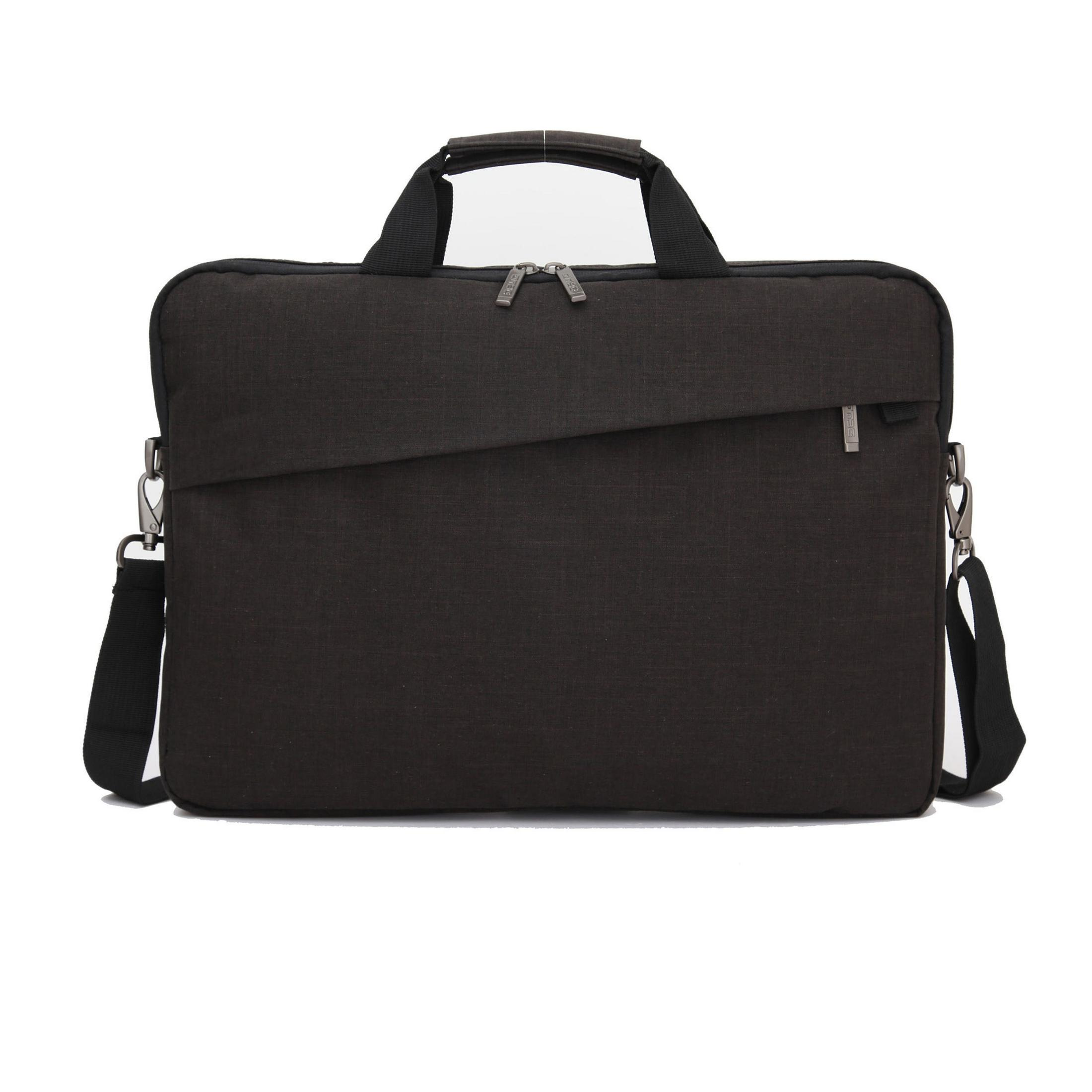 Eine schwarze Laptoptasche mit Griff und Schulterriemen. Mit einer Fronttasche und einem Reißverschluss.
