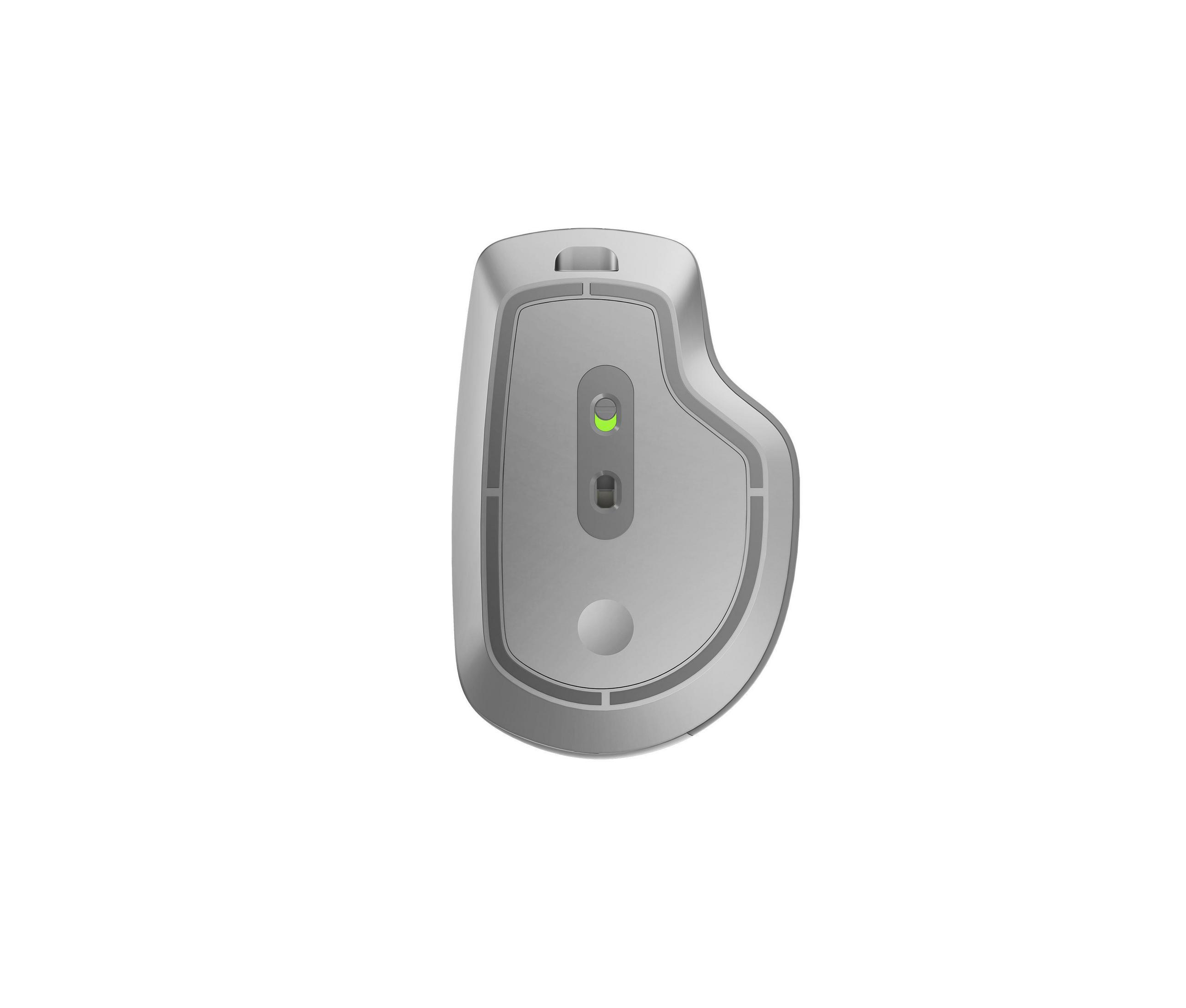 Widok z góry na szarą, ergonomiczną mysz z zielonym wskaźnikiem zasilania.