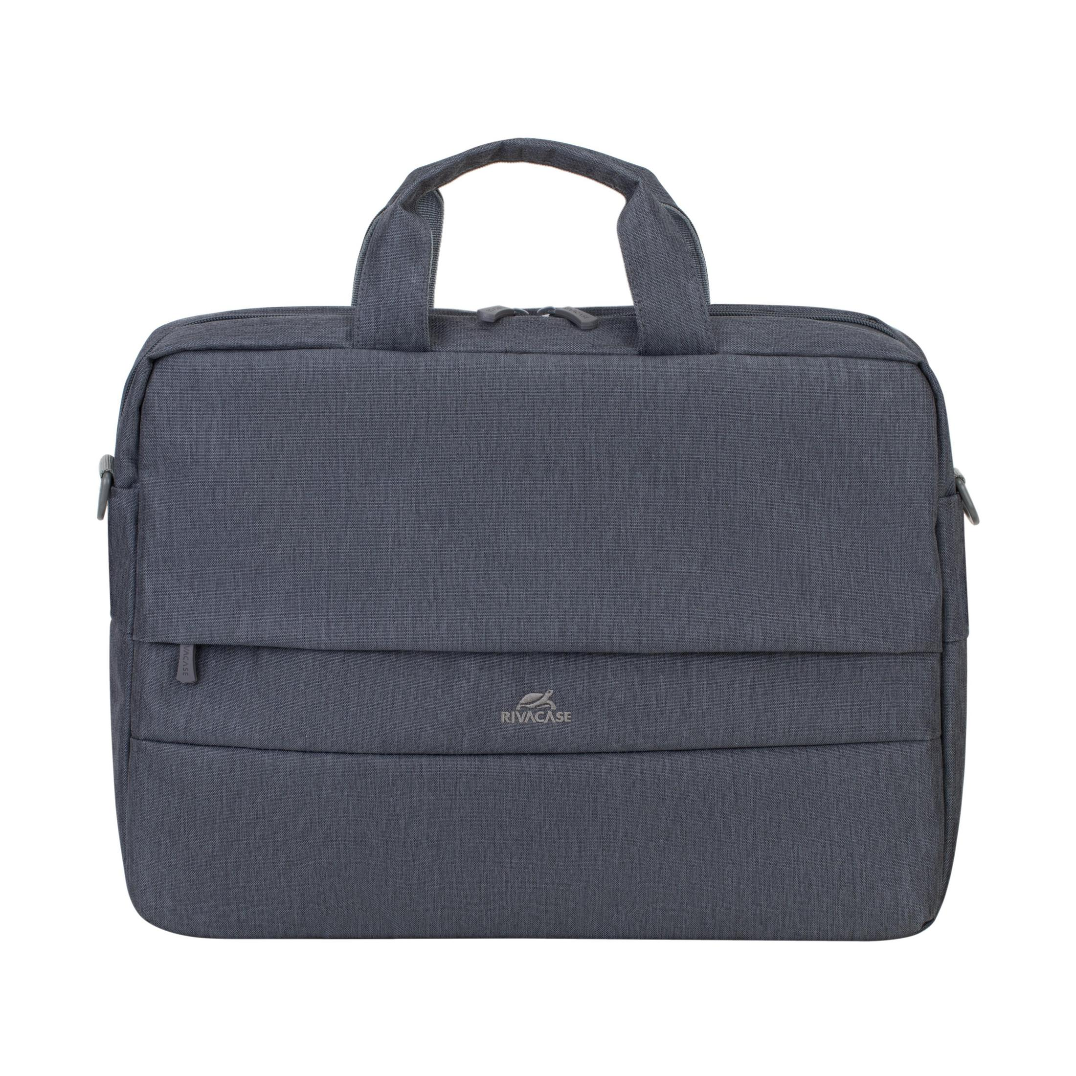 Bolsa gris para portátil con asa y bolsillo frontal. La palabra 'RIVACASE' es visible.