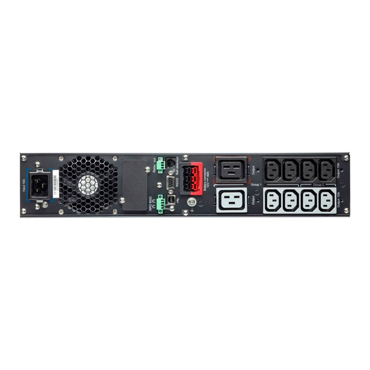 Panel trasero de un dispositivo SAI negro con varias conexiones de entrada y salida.