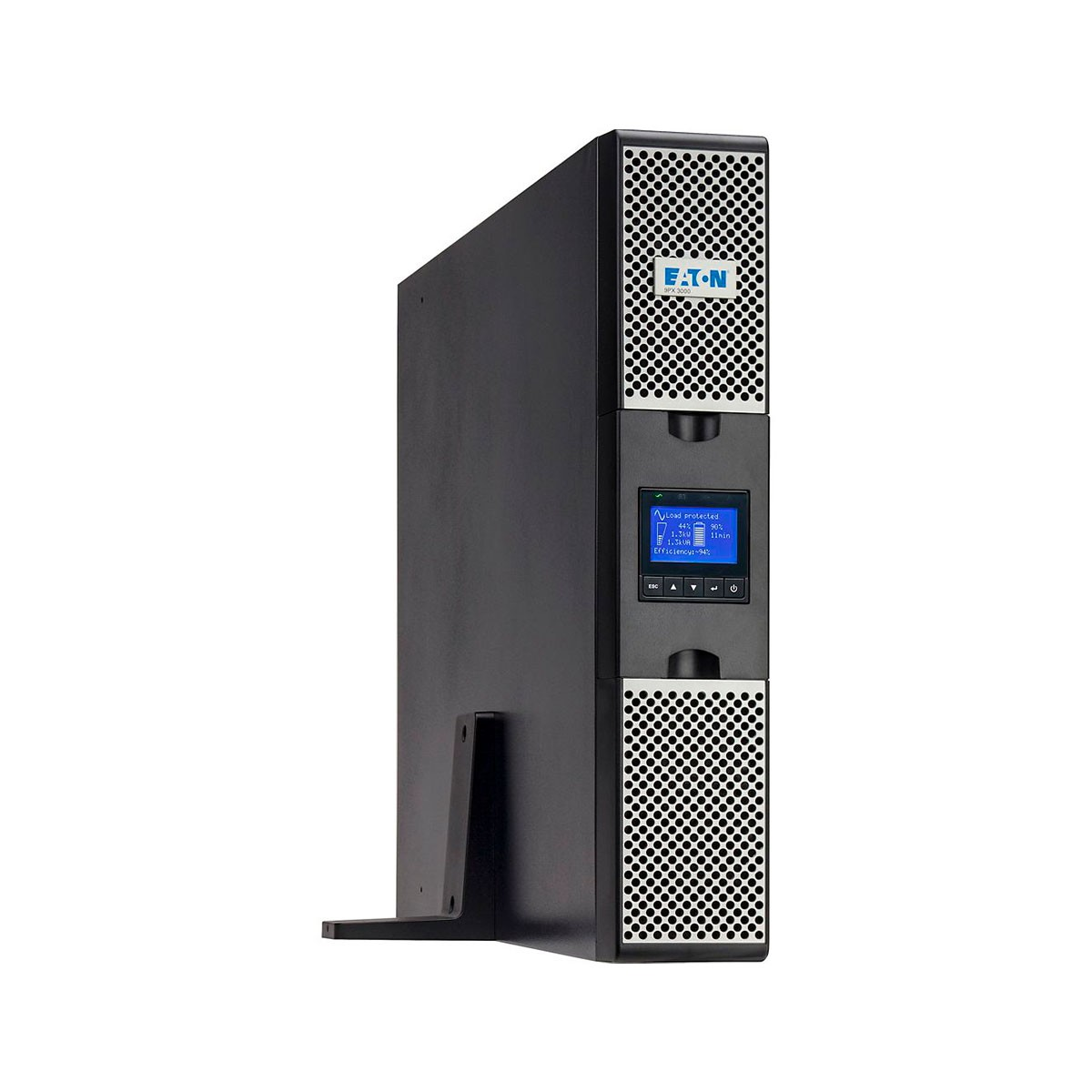 UPS negro de Eaton. Tiene pantalla y orificios de ventilación. Fondo blanco.