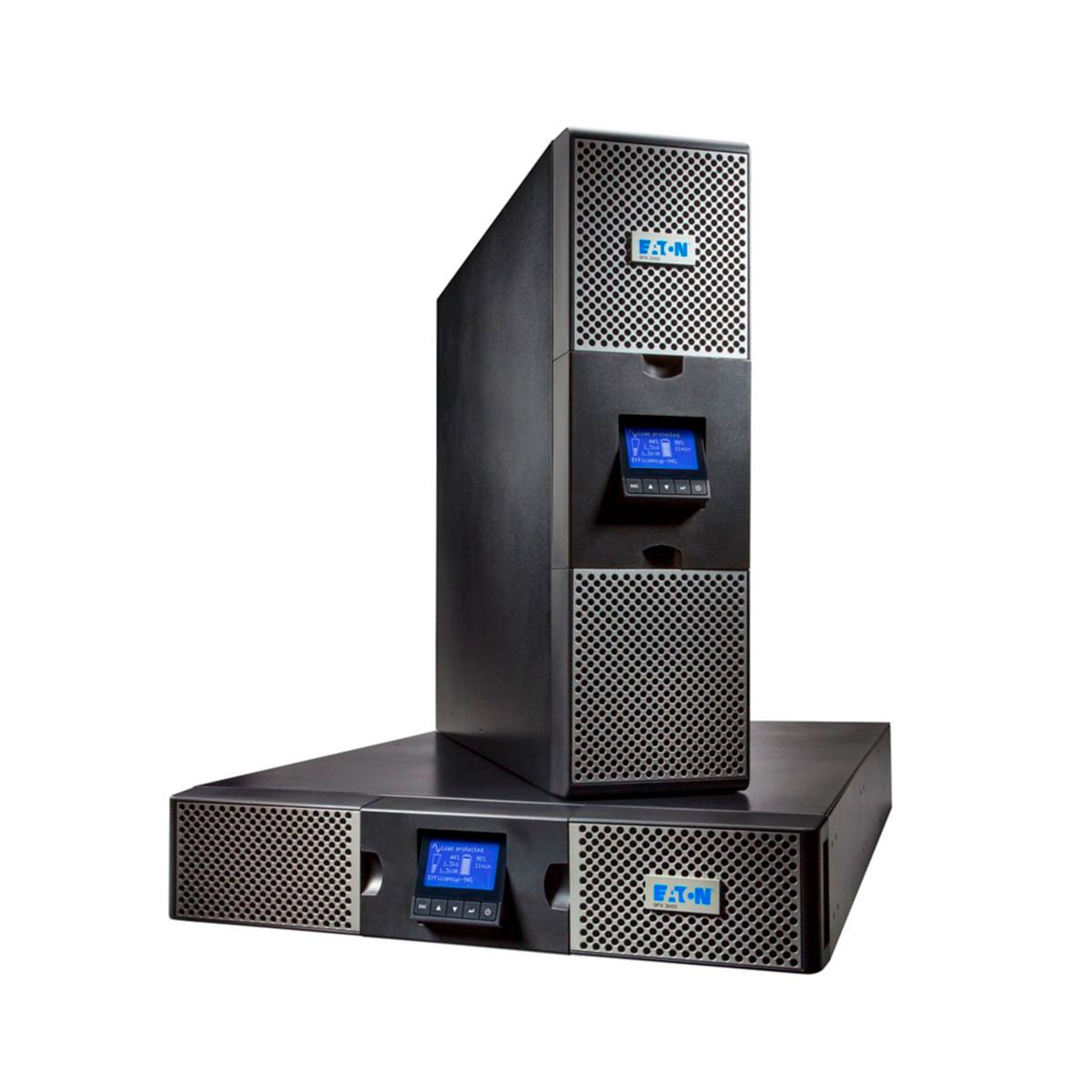 Dos unidades UPS Eaton negras sobre un fondo blanco, con pantallas azules.