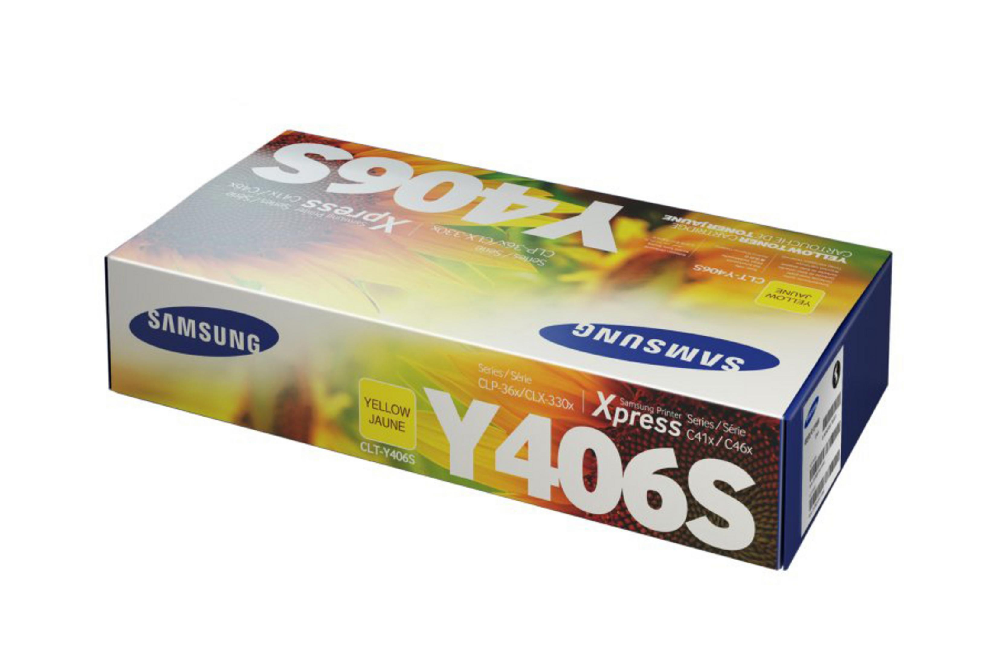 Schachtel gelber Druckerpatronen mit Samsung Logo. Bunt und weiß.