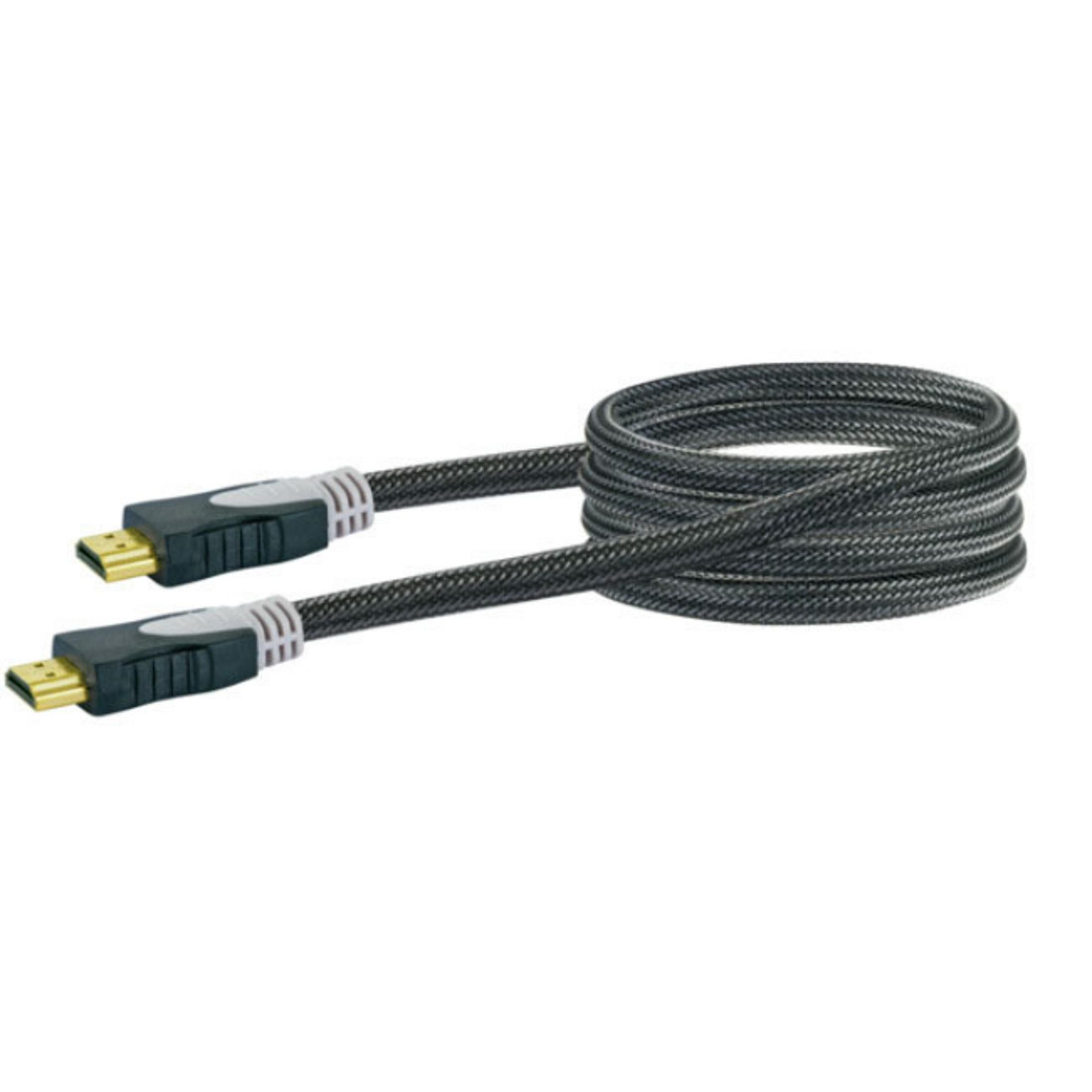 Zwei schwarze und graue HDMI-Kabel, die an den Enden mit goldfarbenen Anschlüssen verbunden sind.