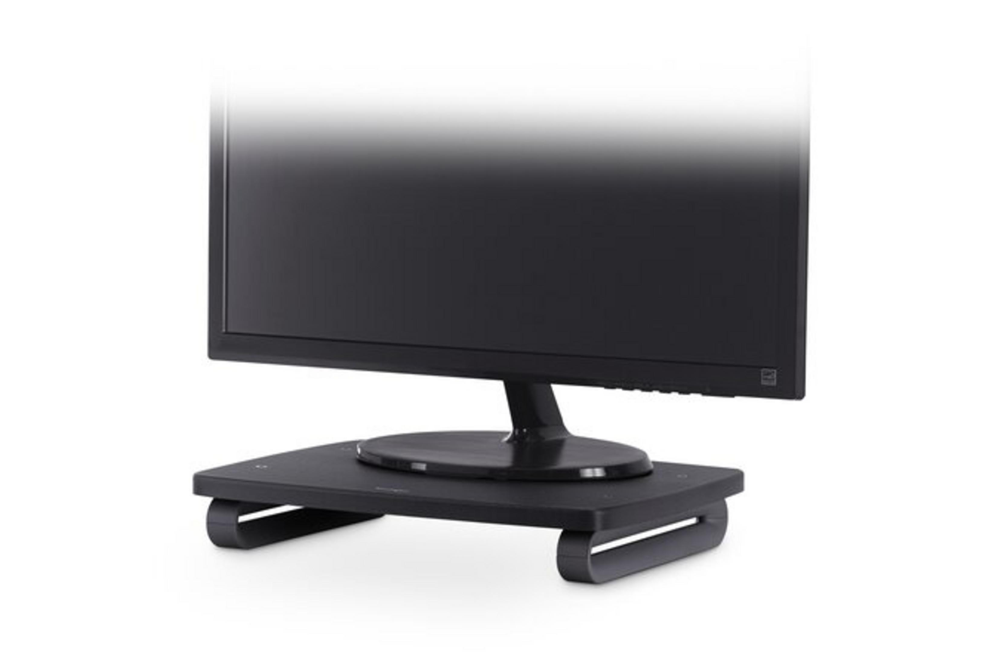 Een zwarte monitorstandaard met een monitor erop tegen een witte achtergrond.