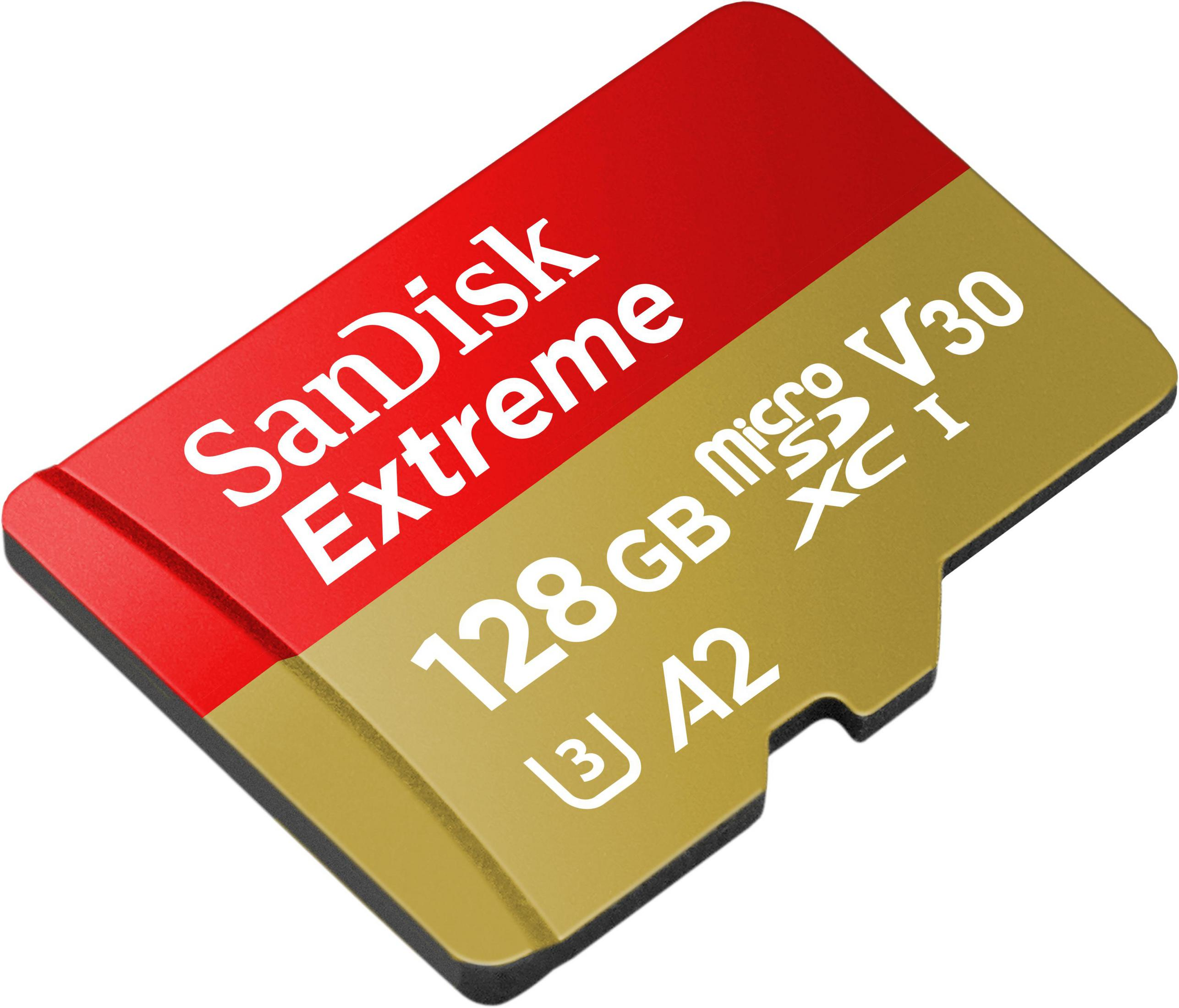 Czerwona i złota karta microSD z białym tekstem: SanDisk Extreme, 128GB, V30, A2.