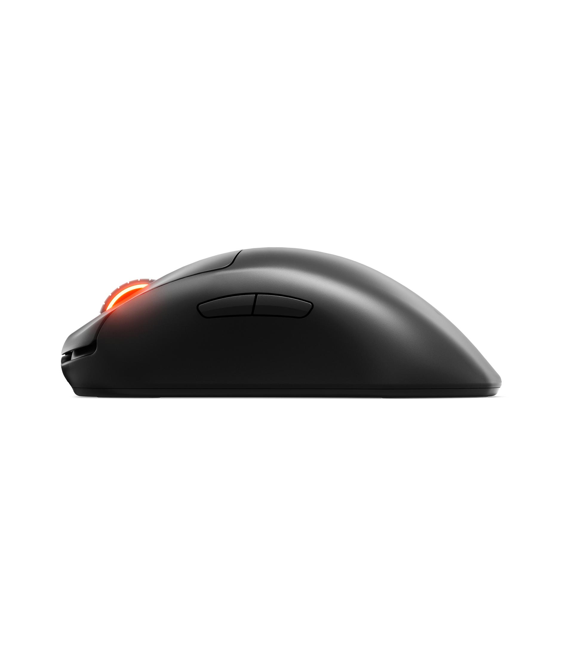 Eine schwarze Computermaus mit zwei Tasten und einem seitlich orange beleuchteten Scrollrad.