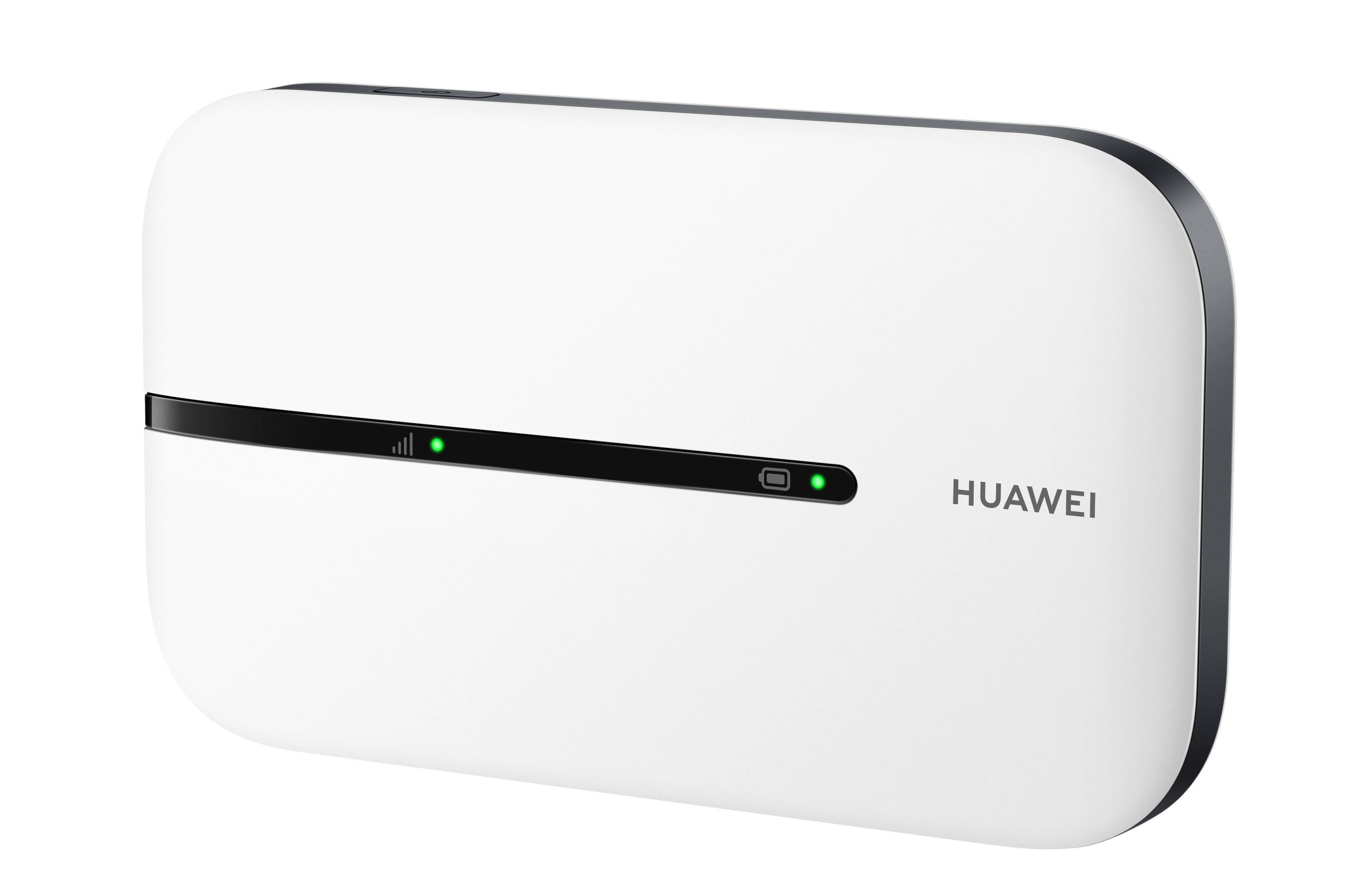 Enrutador Wi-Fi Huawei blanco con dos luces verdes.