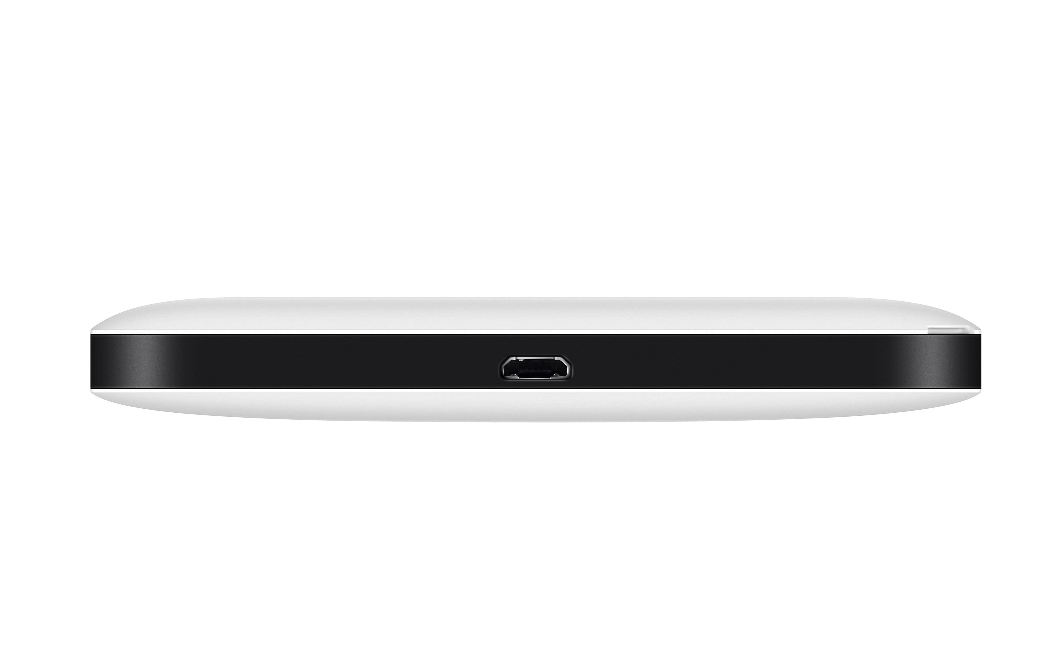 Dispositivo blanco con una franja negra y un puerto micro-USB. Aislado sobre fondo blanco.
