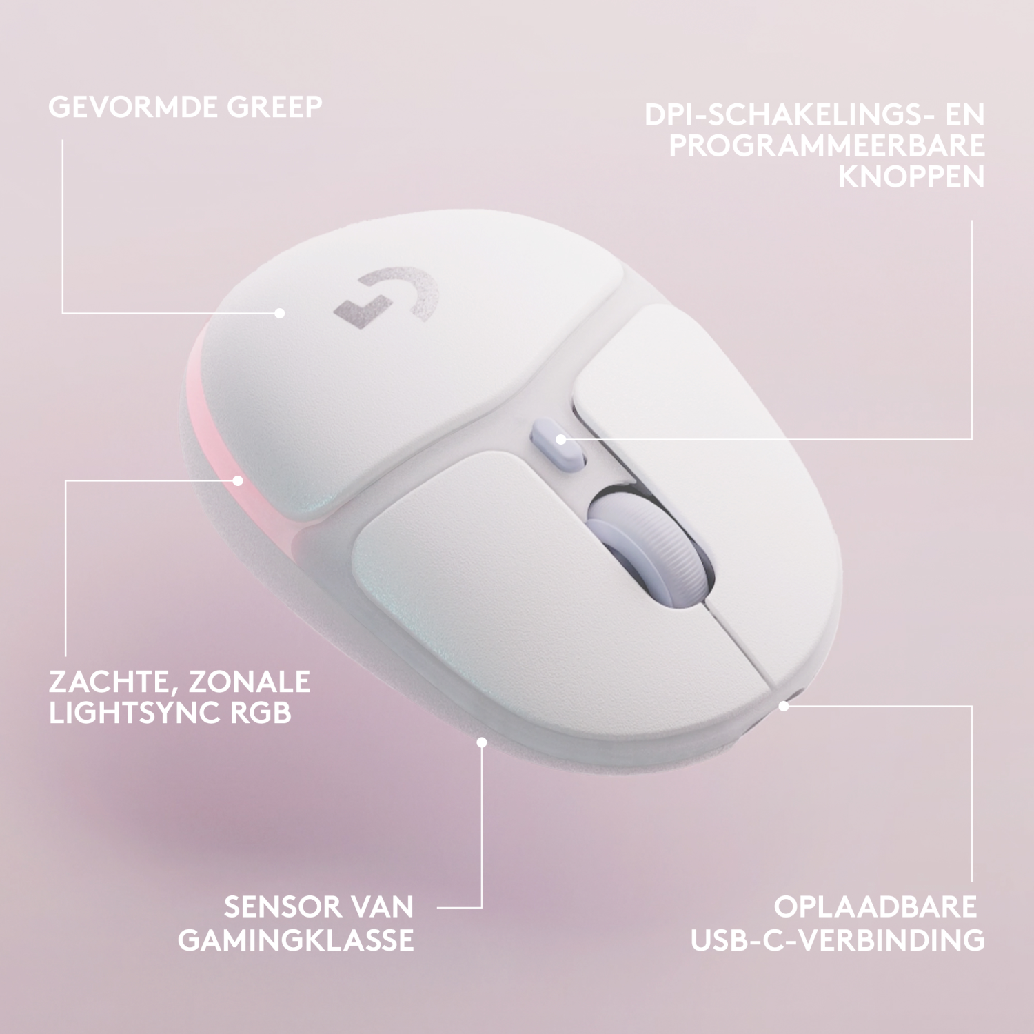 Biała mysz do gier. Przyciski i kółko. Tekst wskazuje cechy: lightsync, czujnik, USB-C.