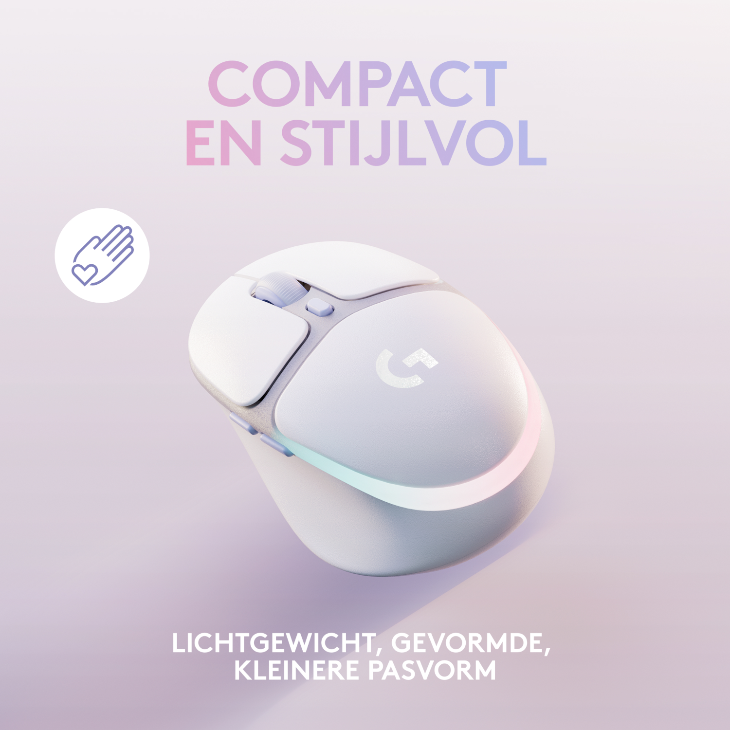 Biało-szara mysz bezprzewodowa z napisem "Compact en Stijlvol" i ikoną dłoni.