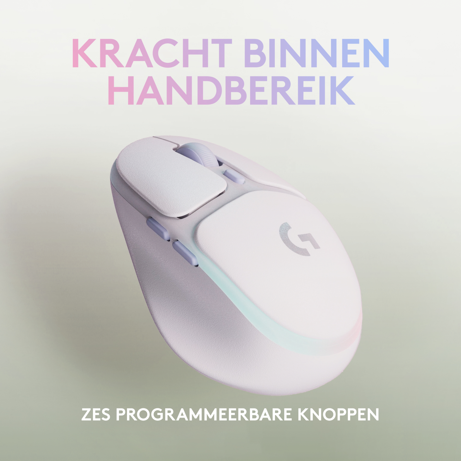 Biała mysz komputerowa z sześcioma programowalnymi przyciskami i tekstem 'KRACHT BINNEN HANDBEREIK'.