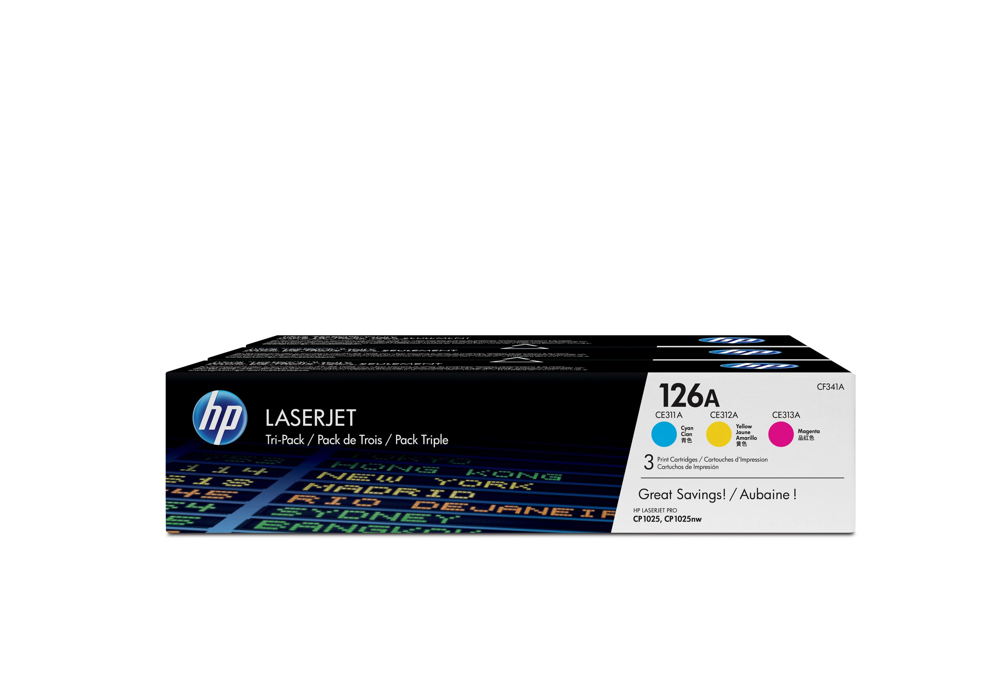 Drie HP LaserJet printerinktcartridges in een doos, blauw, geel en magenta.