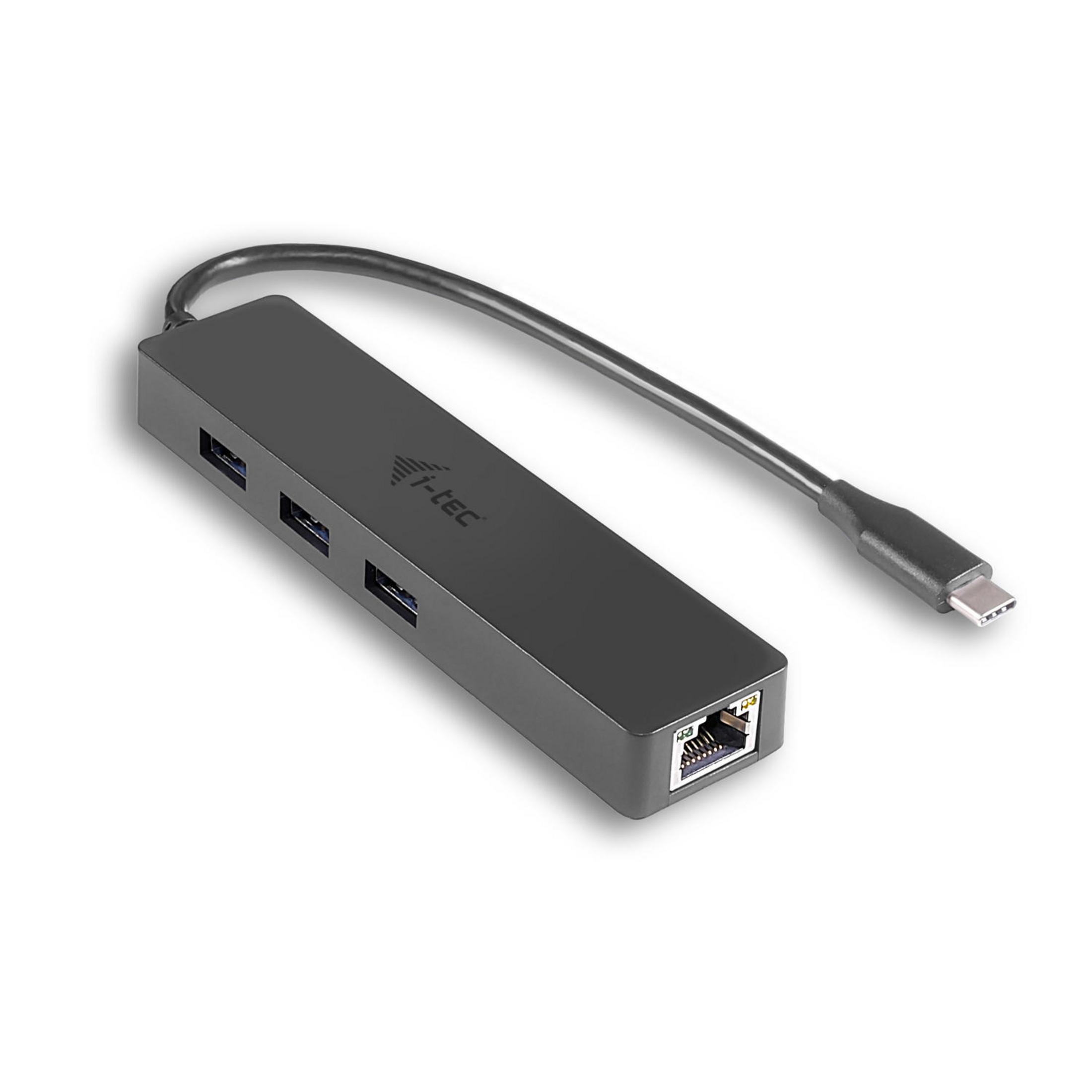 Schwarzer USB-C-Hub mit mehreren Anschlüssen auf weißem Hintergrund.