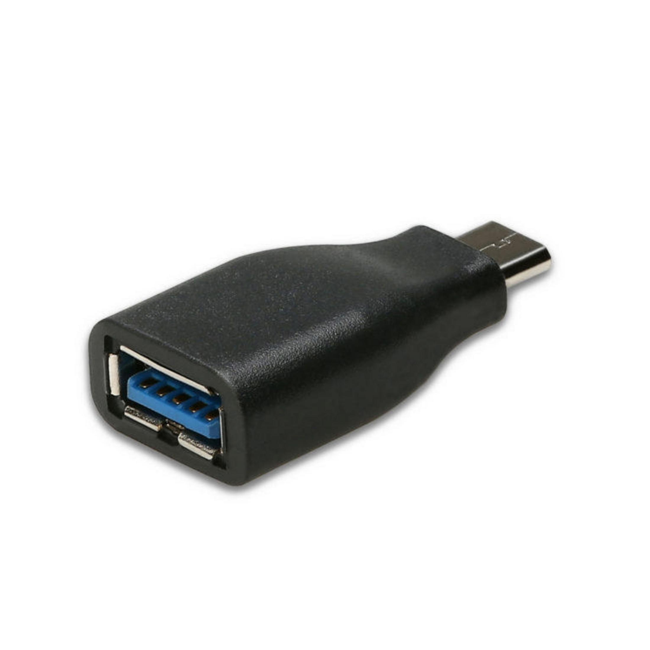 Zwarte USB naar USB-C adapter. Het heeft een blauwe USB-poort en een USB-C connector.