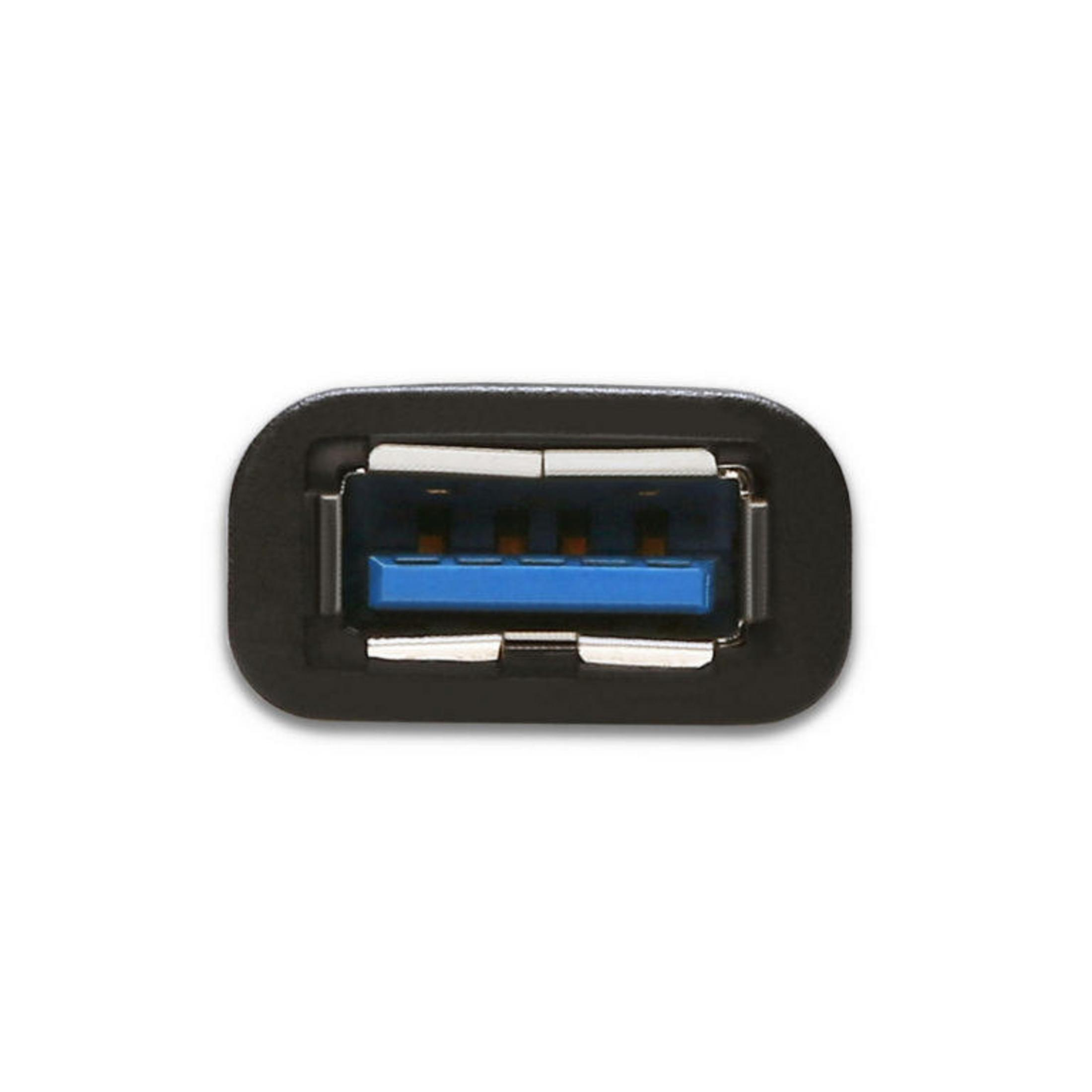 Een close-up van een USB-A-connector. De connector heeft een zwarte buitenkant en een blauw binnenwerk.