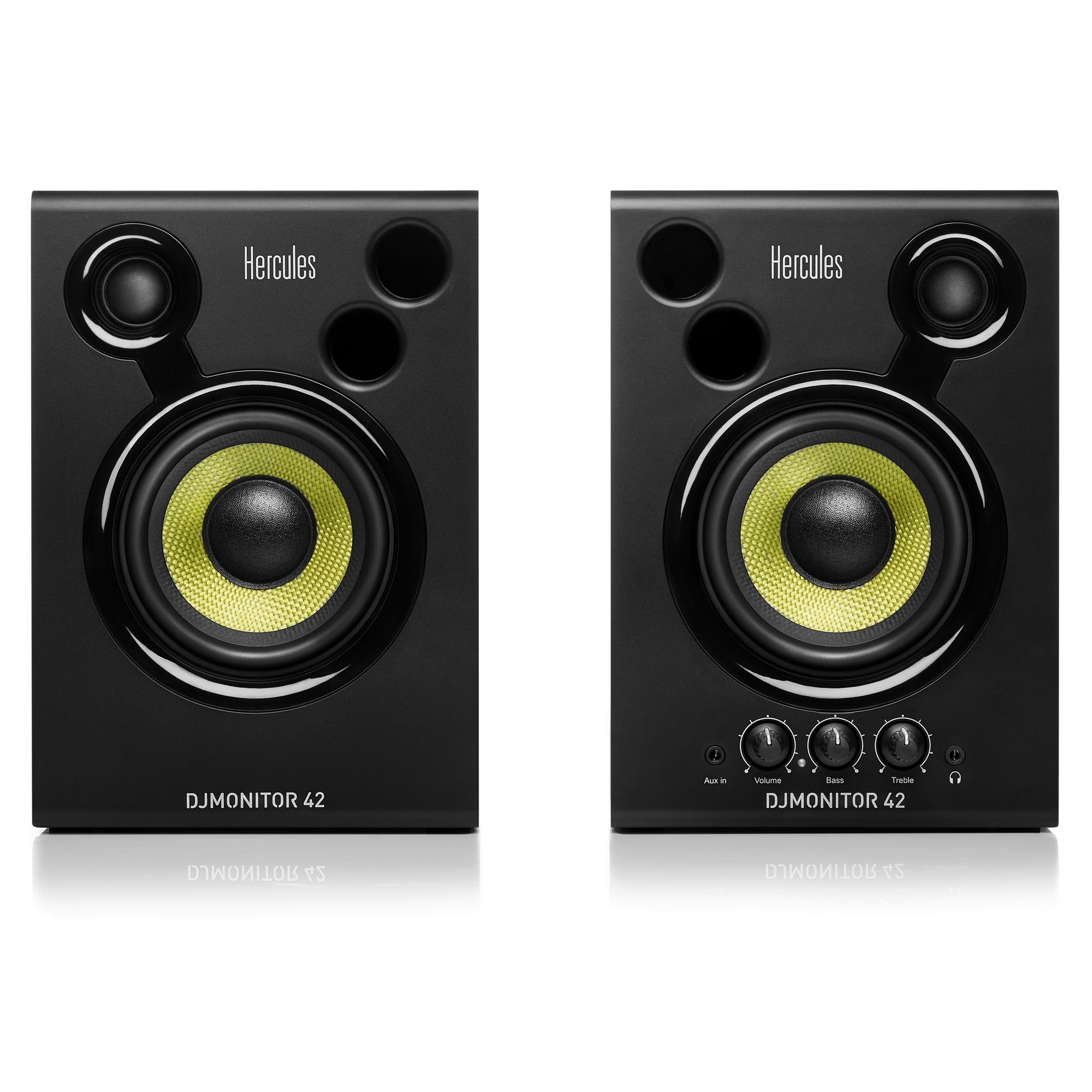 Zwei schwarze DJ-Monitore mit gelben Lautsprechern. Das Hercules-Logo ist sichtbar.