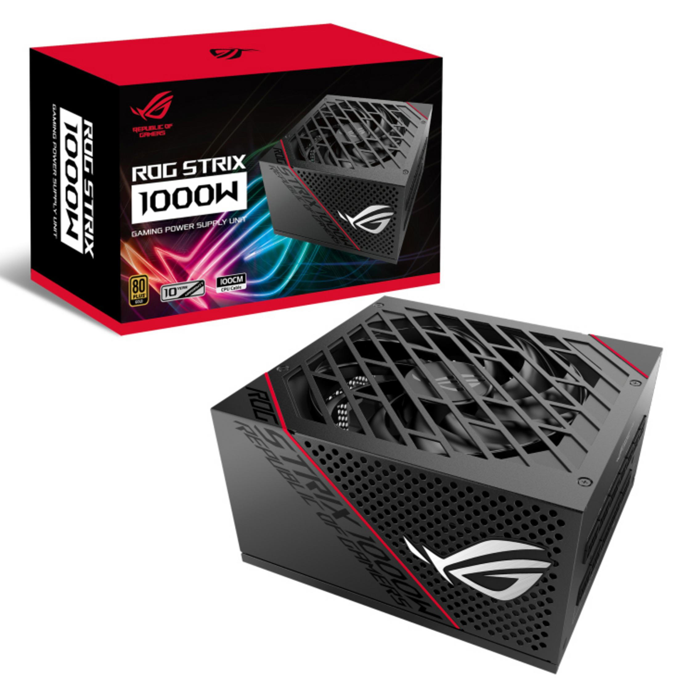 Un alimentatore ROG Strix 1000W nero e rosso vicino alla sua scatola.