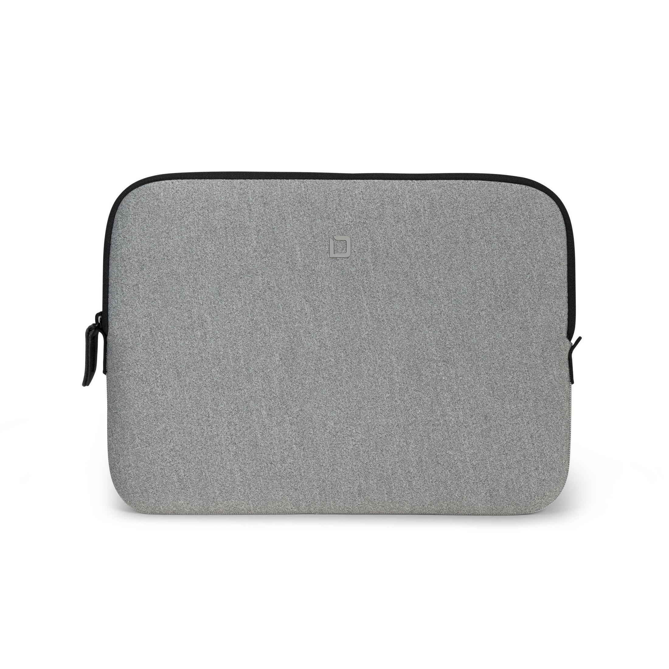 Custodia grigia per laptop con cerniera e logo del marchio centrato sul davanti.