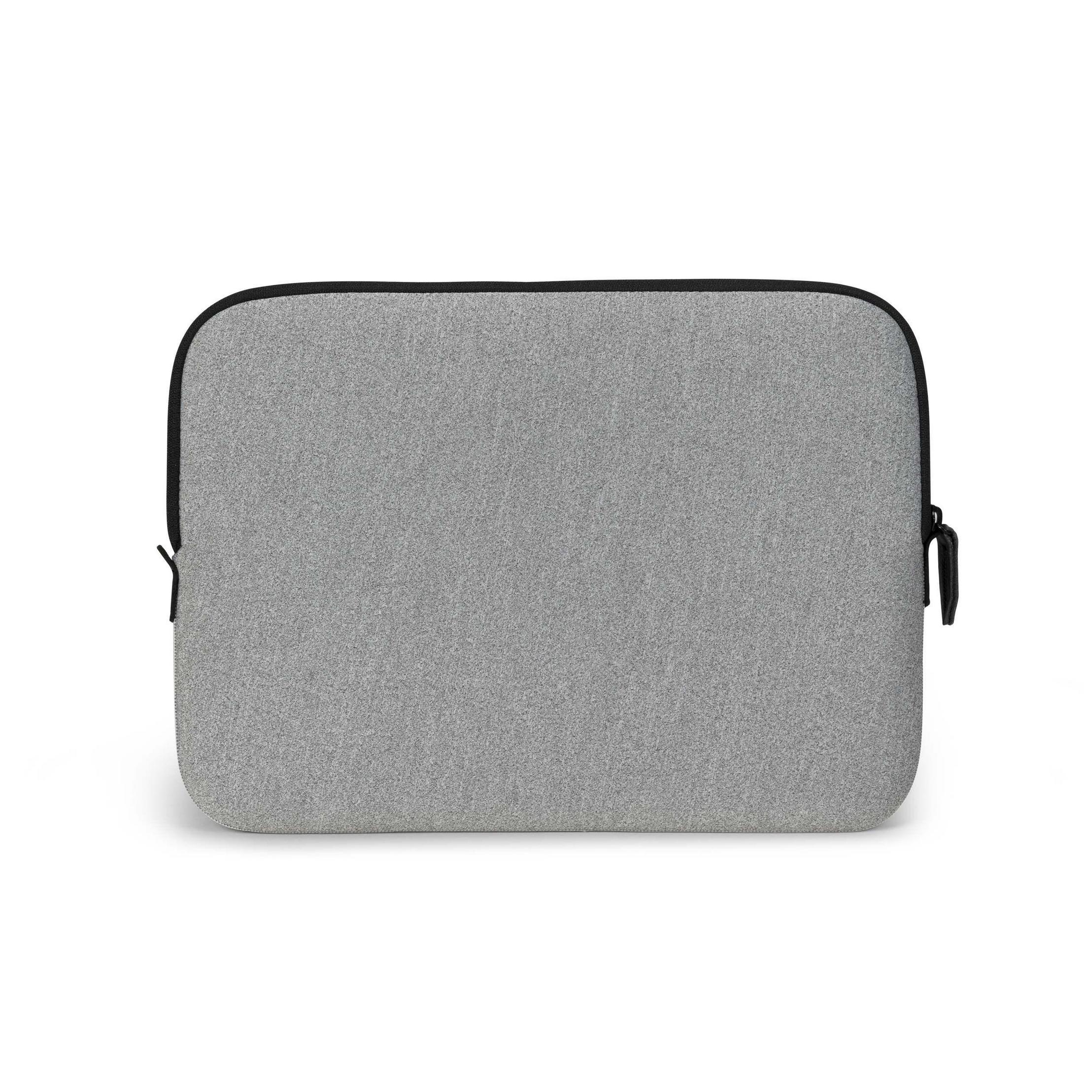 Una custodia grigia per laptop con cerniera, su sfondo bianco.