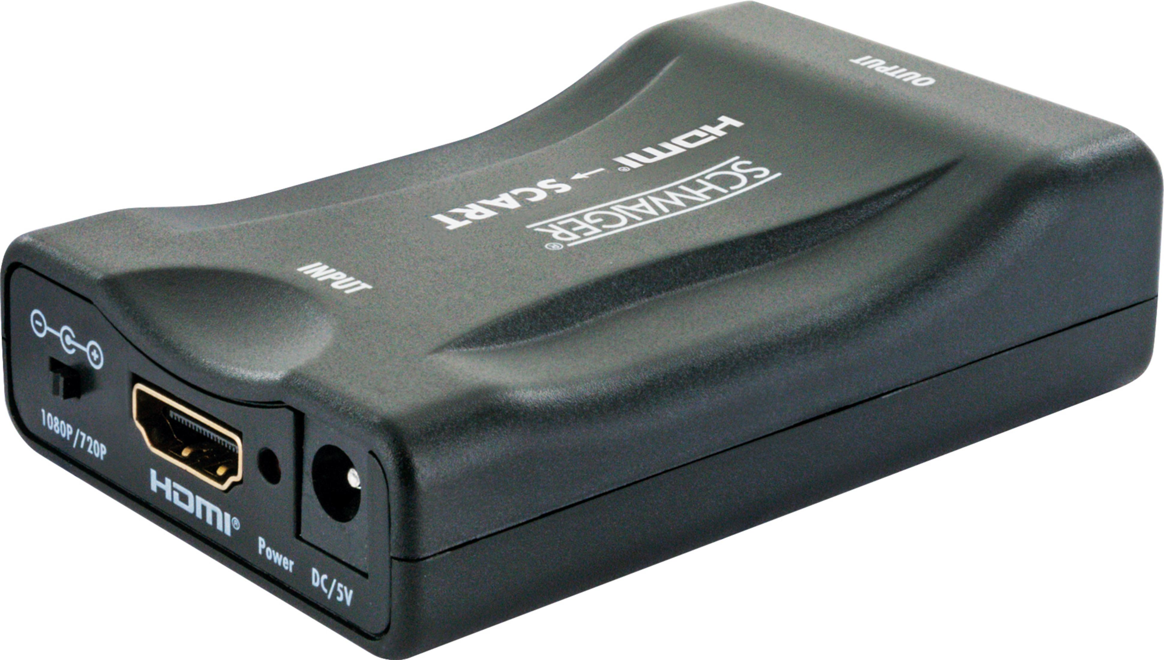 Schwarzer HDMI-zu-SCART-Konverter mit Eingangs- und Ausgangsanschlüssen.