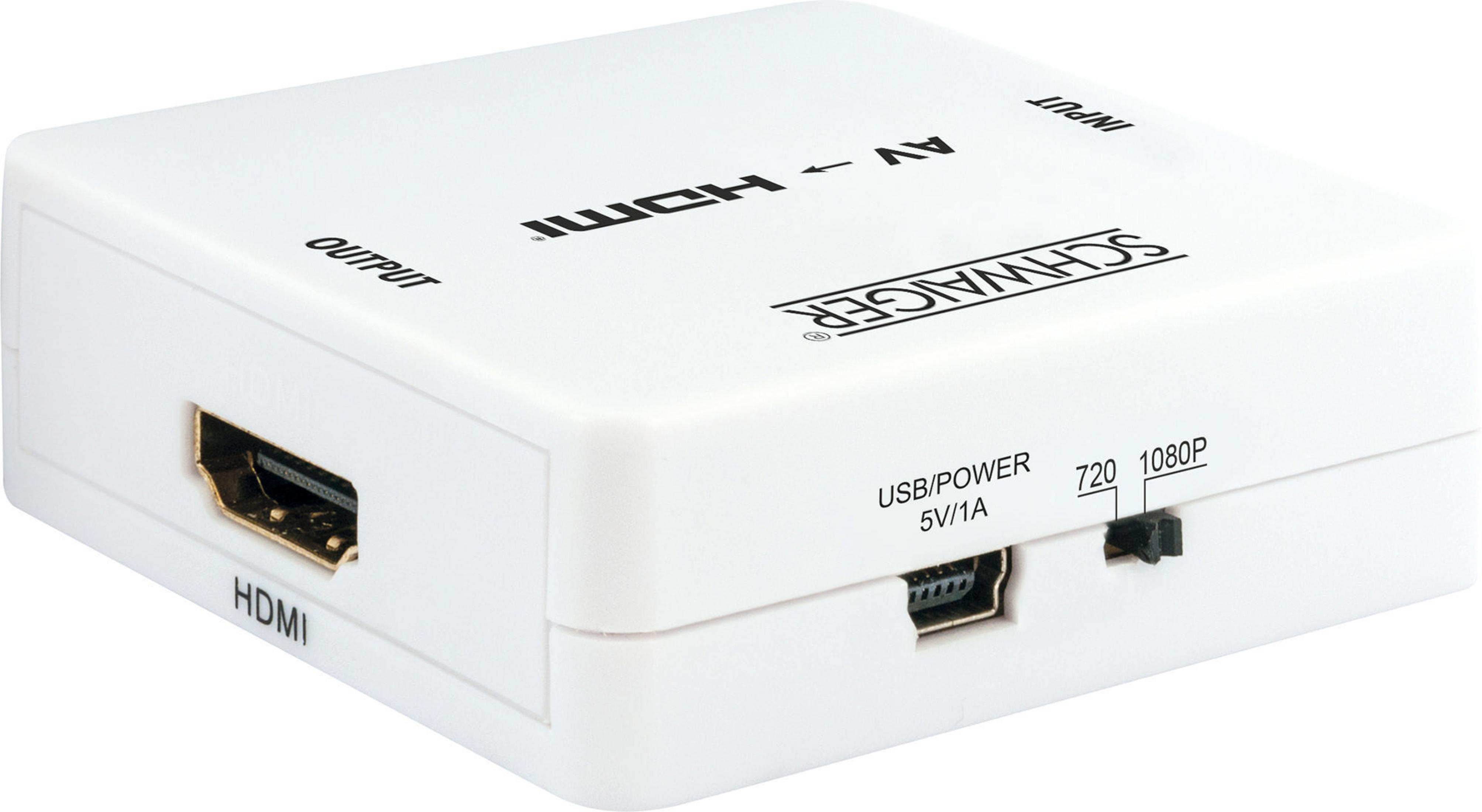 Ein weißer HDMI-zu-AV-Konverter mit beschrifteten Anschlüssen und einem 720/1080P-Schalter.