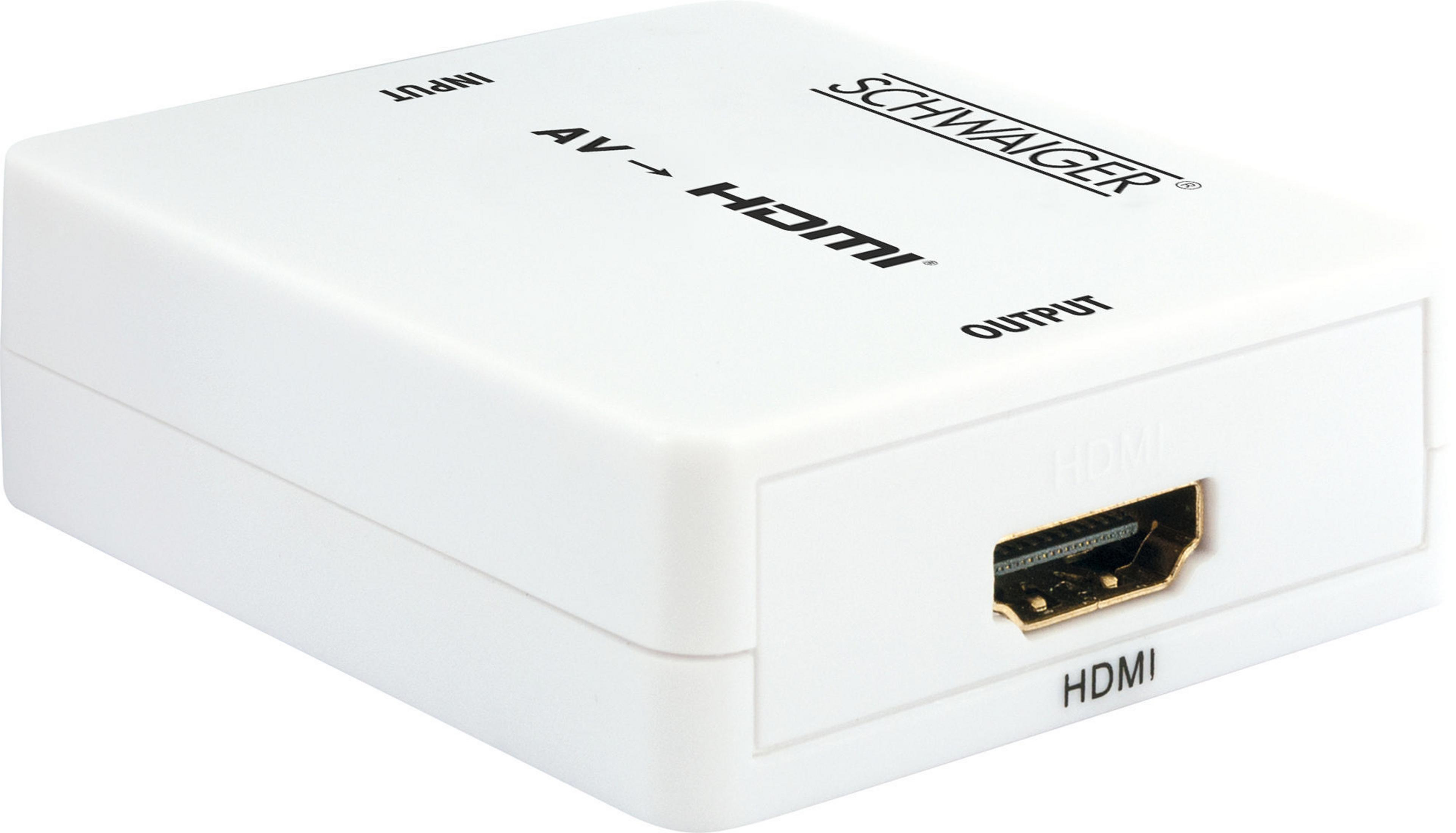 Weißer AV-zu-HDMI-Konverter mit HDMI-Anschluss.