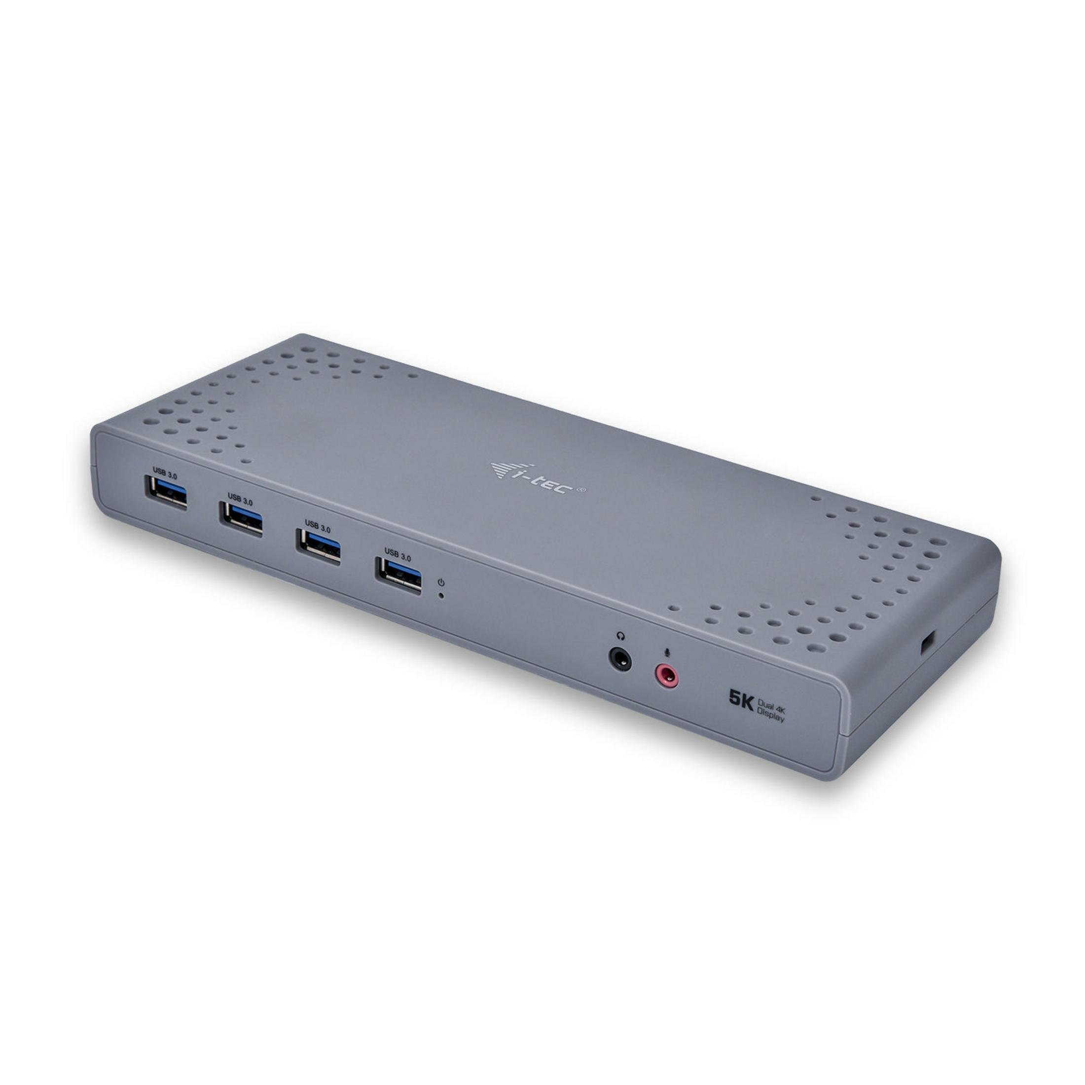 Een grijs dockingstation met meerdere USB-poorten, en audio-poorten, met de merknaam 'I-TEC'.