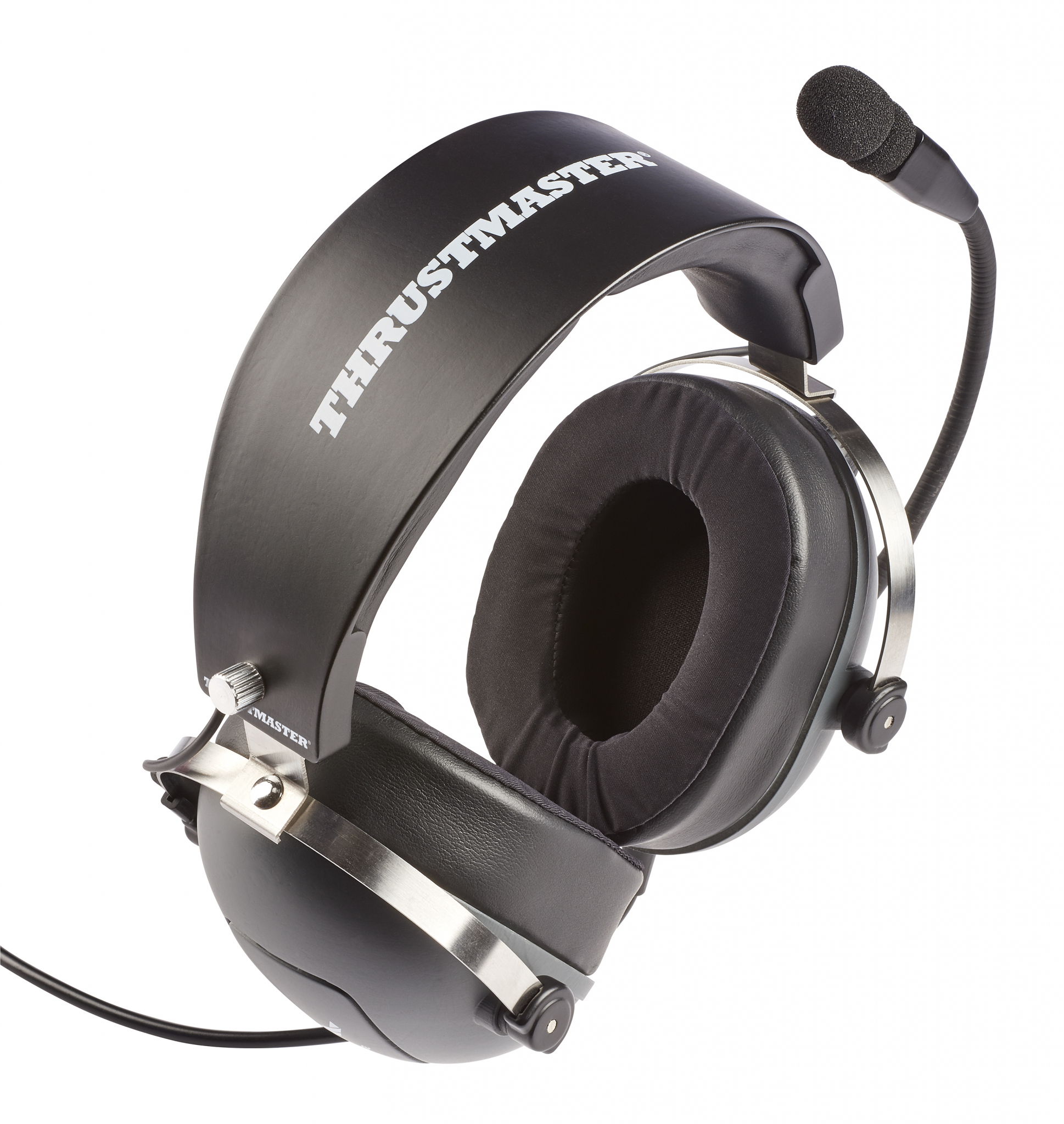 Czarny zestaw słuchawkowy z mikrofonem. Widoczne logo Thrustmaster. Białe tło.