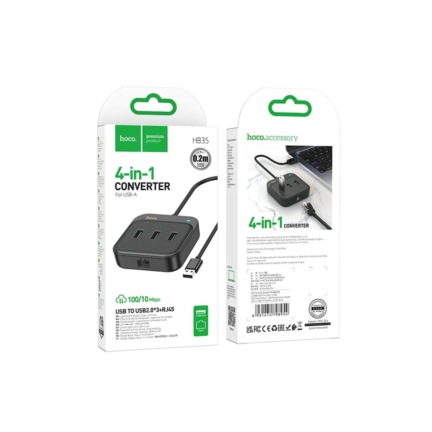 Eine 4-in-1-USB-Konverterbox mit einem USB-A-Kabel in einer Box.