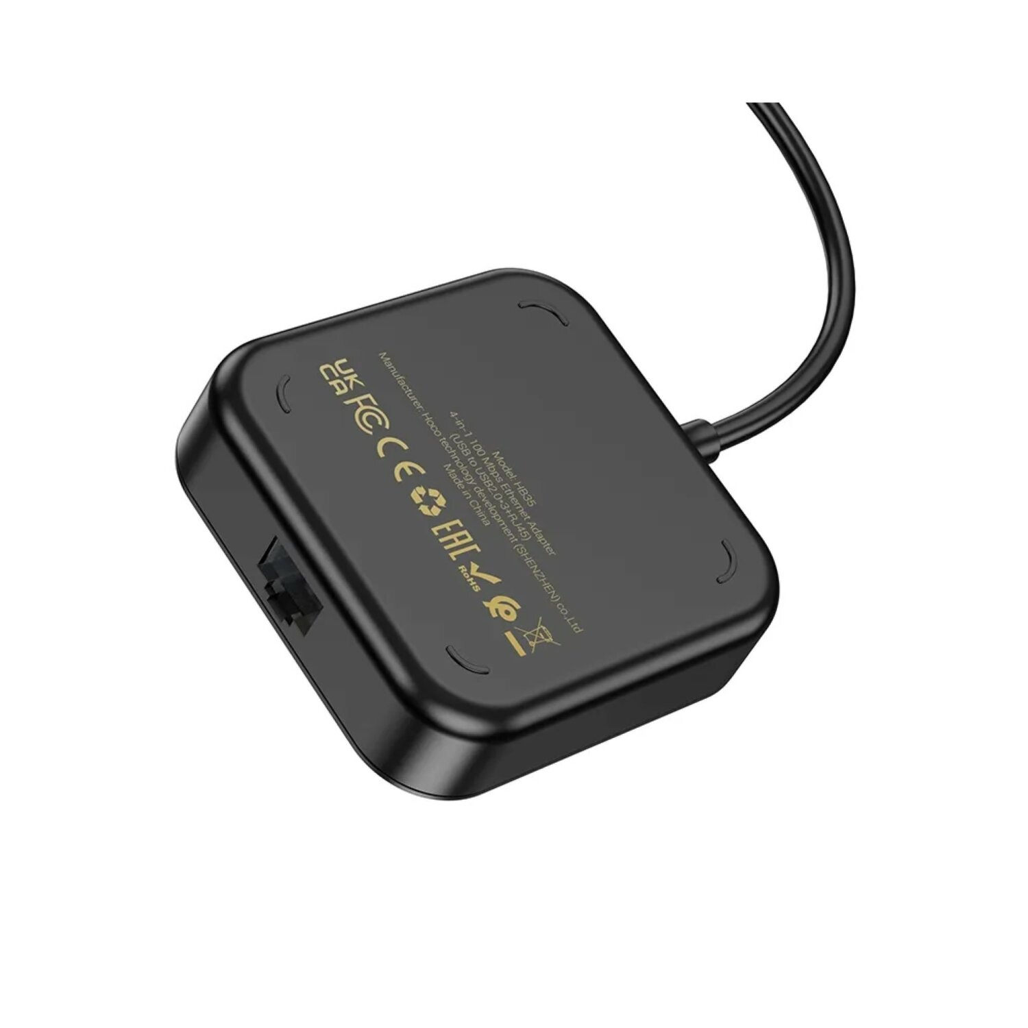 Ein schwarzer 4-in-1 USB-Hub-Adapter mit verschiedenen Zertifizierungen.