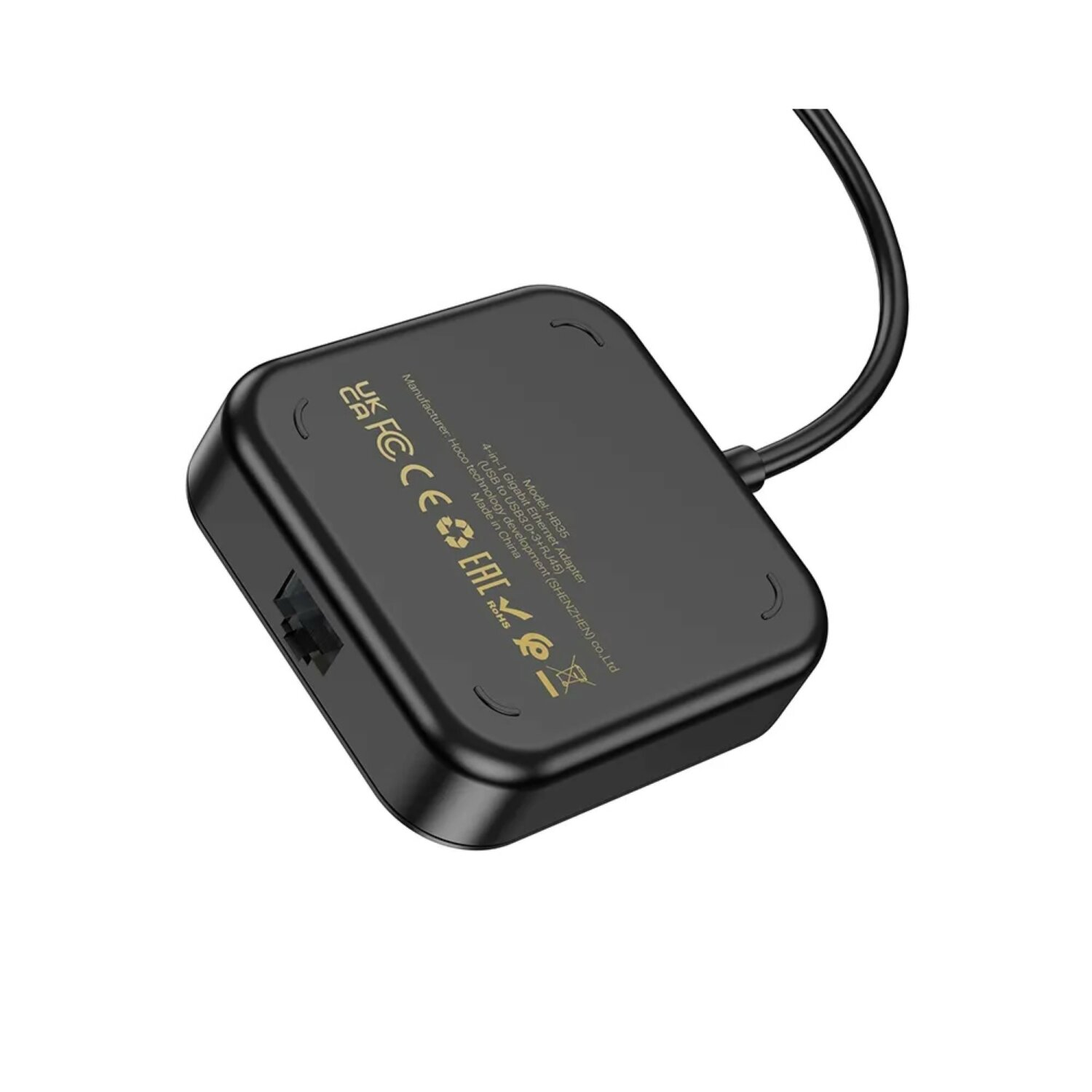 Schwarzer Adapter mit Anschlüssen und einem Kabel. Es ist auf weißem Hintergrund. Der Adapter hat ein Logo.