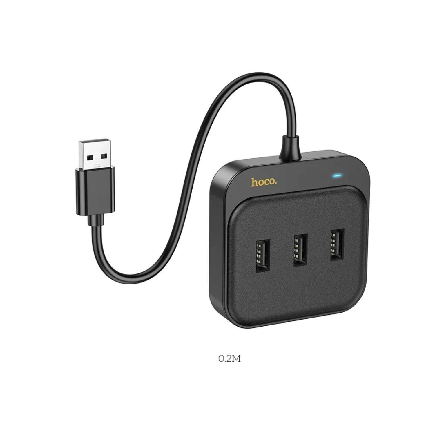 Schwarzer USB-Hub mit 3 Anschlüssen und einem schwarzen Kabel. Mit 'hoco.' Logo.