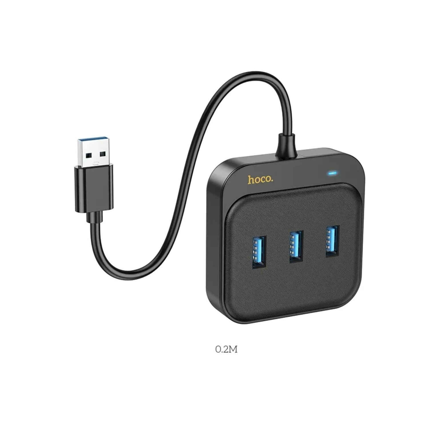 Schwarzer USB-Hub mit drei USB-Anschlüssen und einem angeschlossenen USB-Kabel. Markenname hoco. sichtbar.