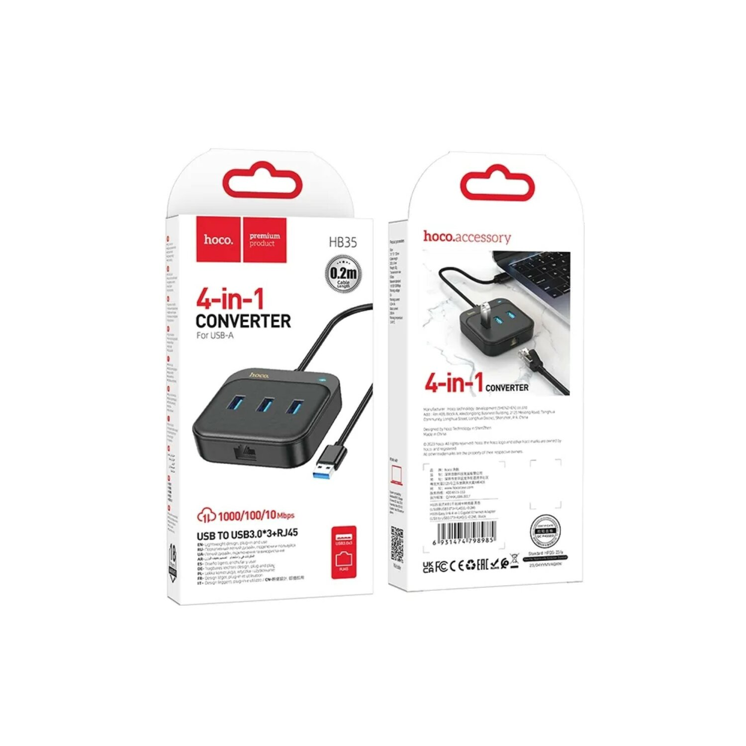 Produktbox für einen 4-in-1-USB-Konverter mit Produktdetails und Diagramm auf der Box.