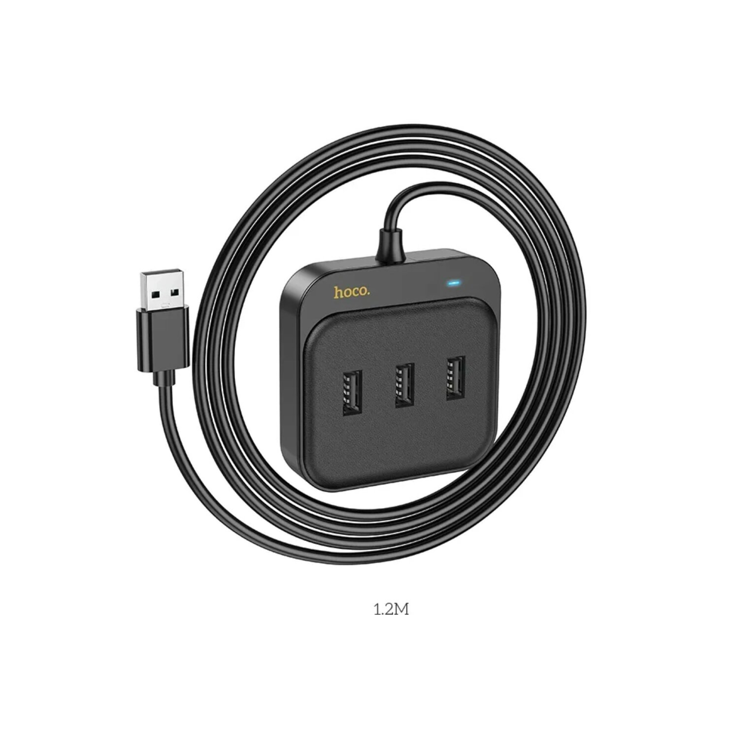 Schwarzer USB-Hub mit vier Anschlüssen und einem USB-Kabel, das um den Hub gewickelt ist.
