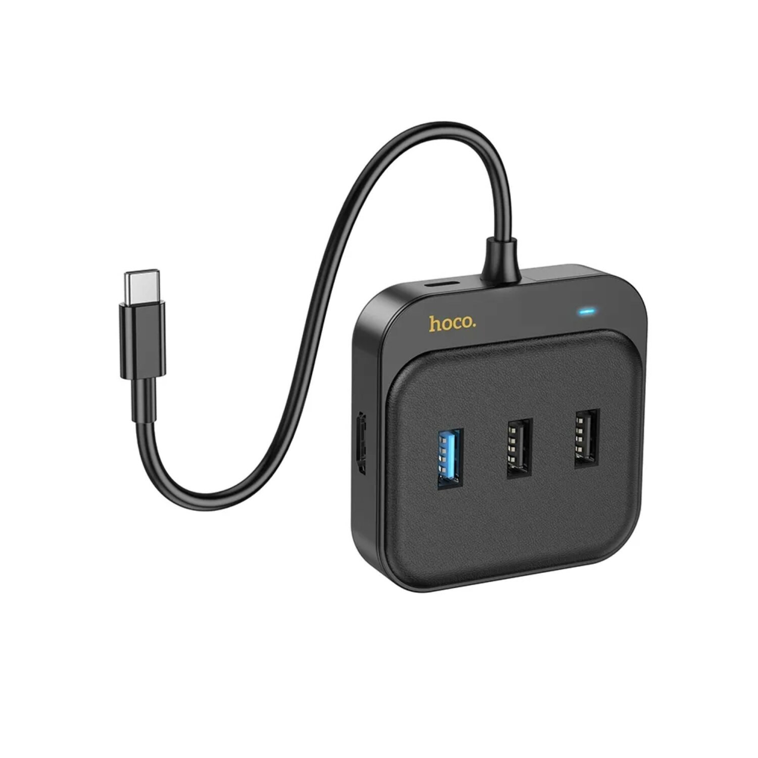 Schwarzer USB-C-Hub mit mehreren Anschlüssen. Hat ein Kabel mit USB-C-Anschluss.