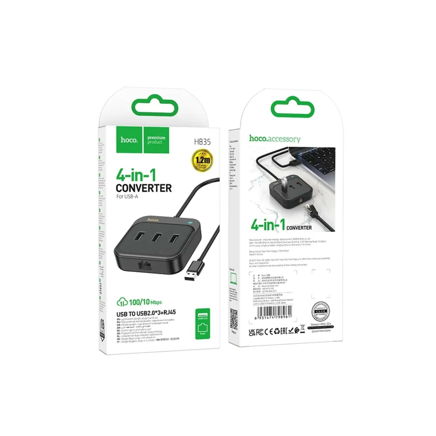 Eine 4-in-1-USB-Konverterbox und ihre Verpackung, mit schwarzem Design und Text.