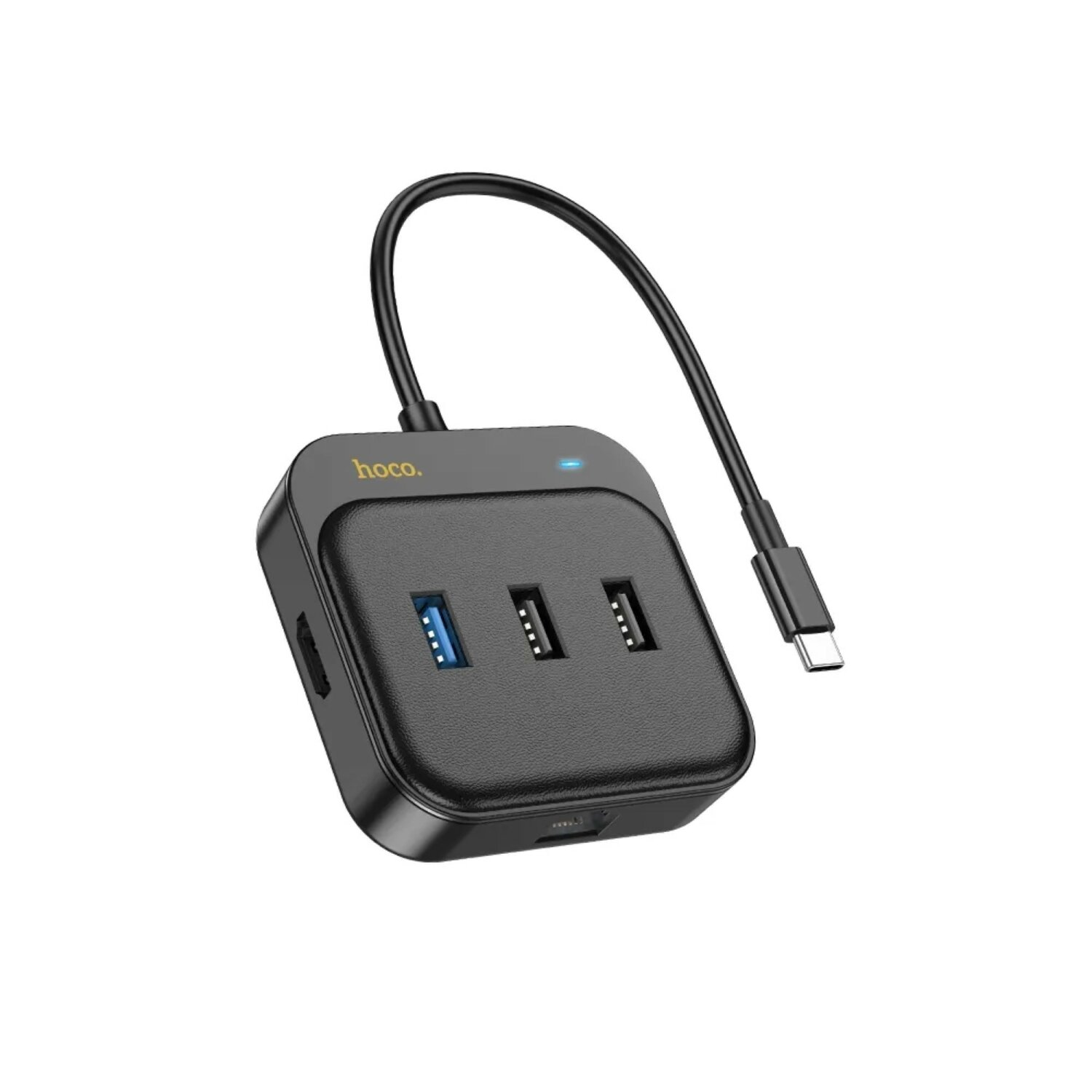 Ein schwarzer USB-Hub mit drei USB-Anschlüssen und einem Anschlusskabel, auf weißem Hintergrund.