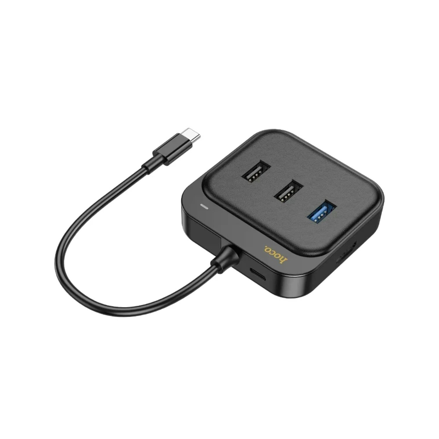 Schwarzer USB-Hub mit drei Anschlüssen und Kabel. Der Hub hat ein schlankes Design mit dem Logo 'hoco'.