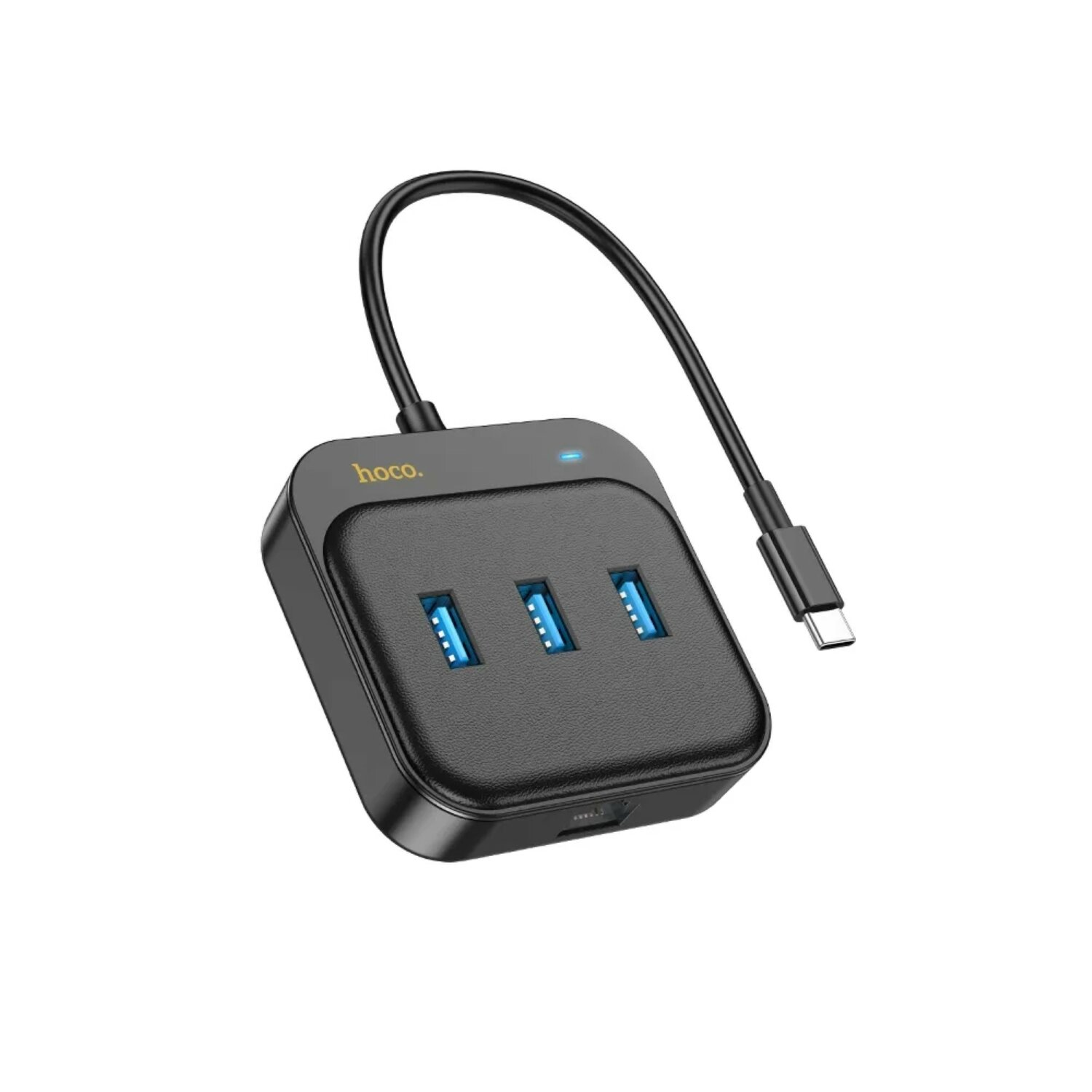 Ein schwarzer USB-Hub mit drei blauen USB-Anschlüssen und einem schwarzen Kabel.