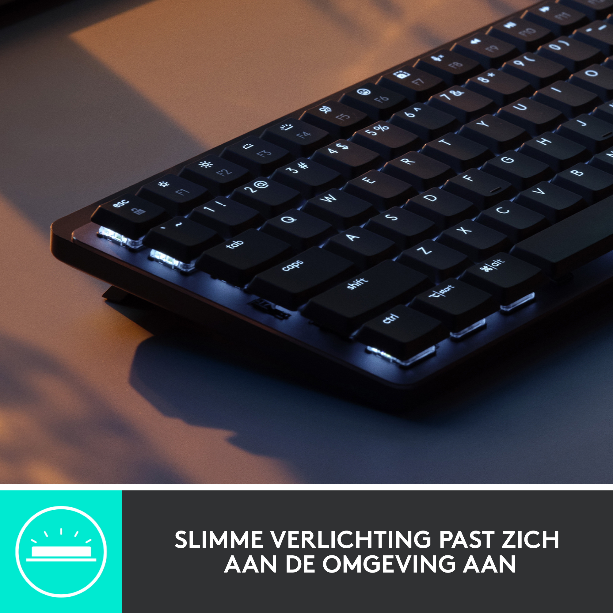 Black keyboard with white illuminated keys.
