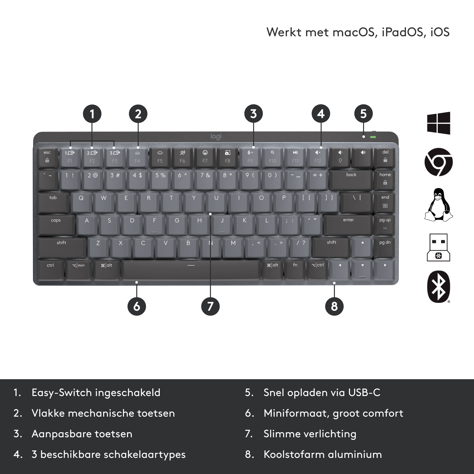 A gray mechanical keyboard with symbols and text labels, on a white background.