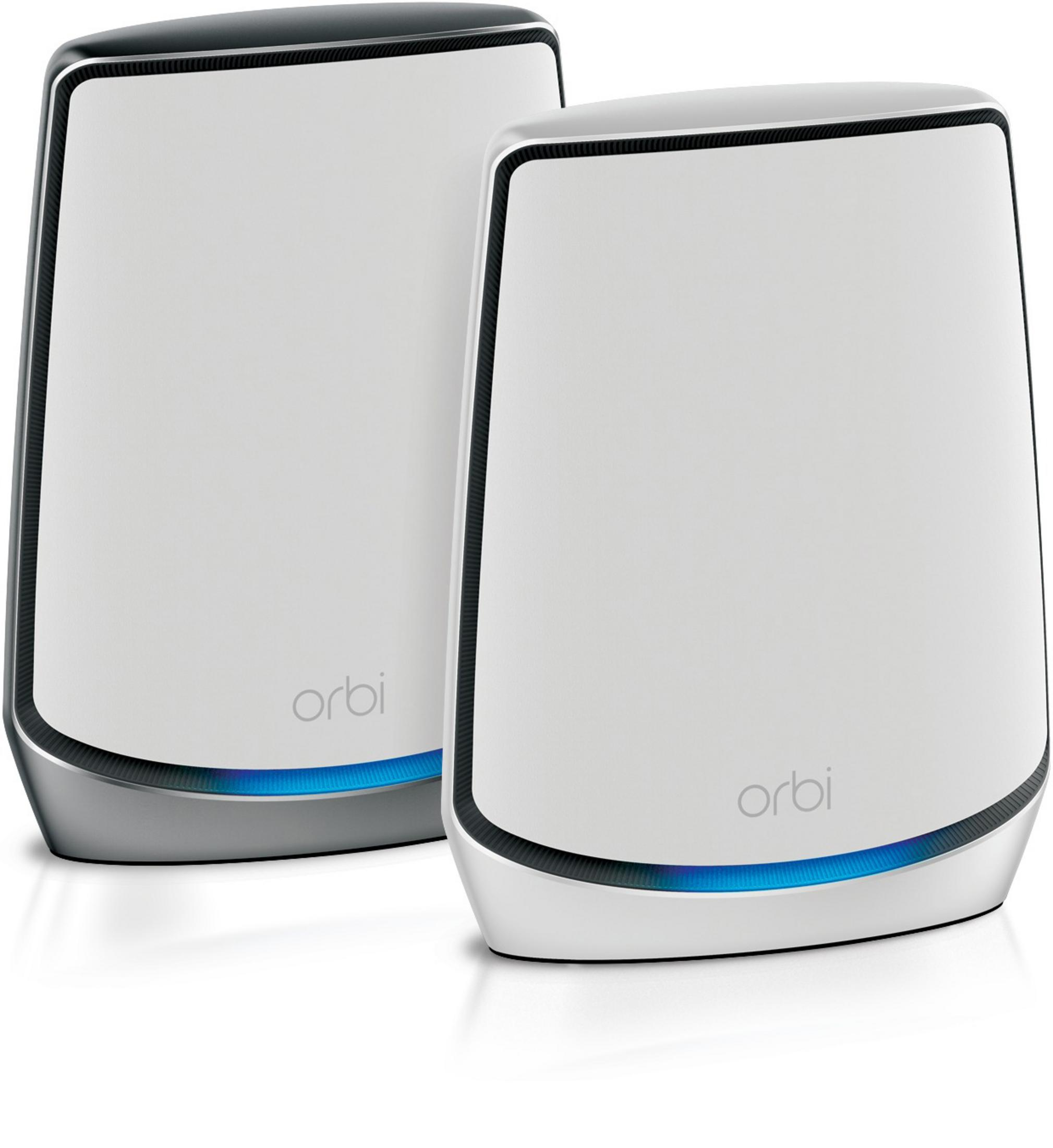 Dos routers Orbii blancos. Tienen luz azul abajo.