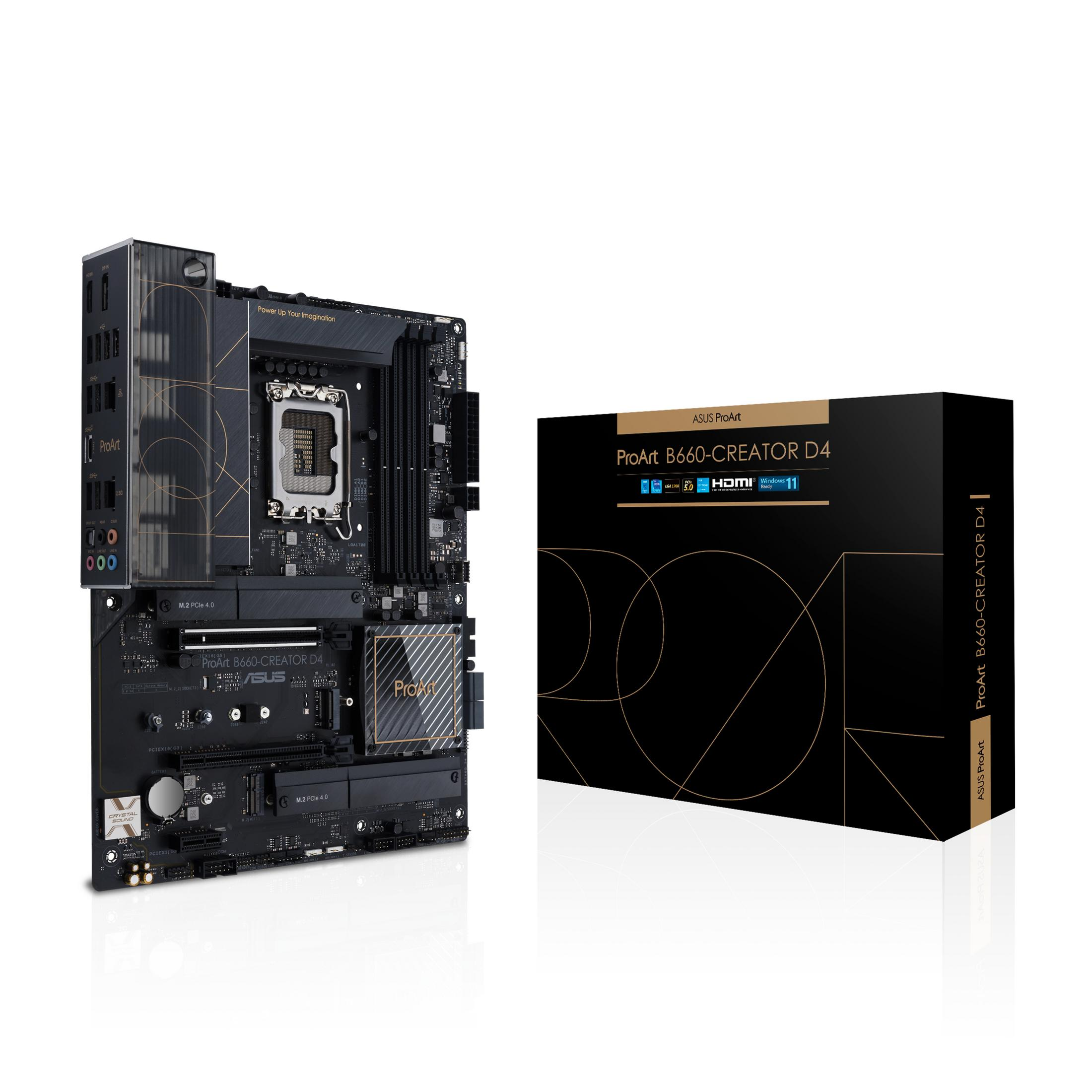 Scheda madre del computer nera con una scatola. La scatola è nera con testo e design dorati.