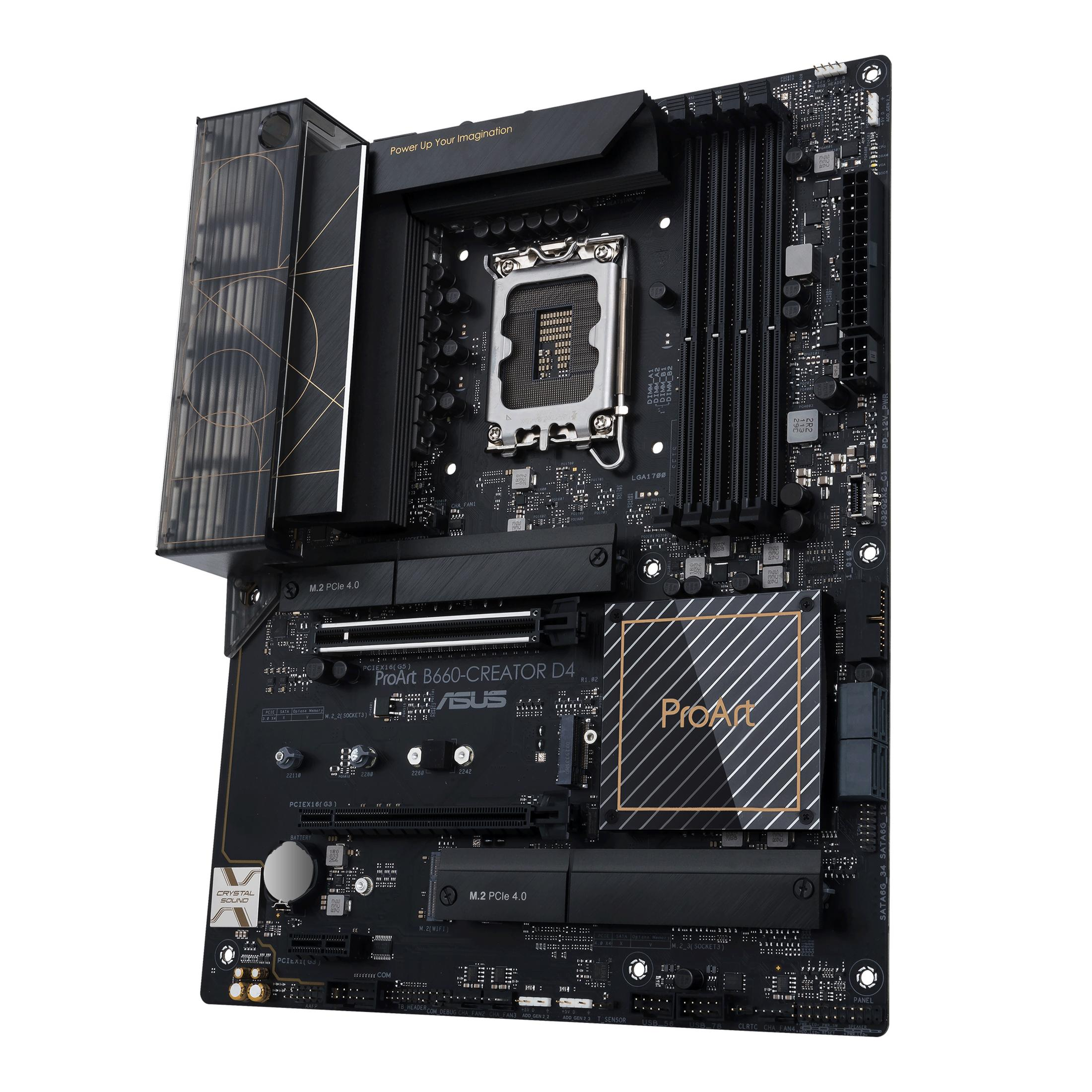 Una scheda madre ASUS ProArt B660-Creator D4 nera e dorata su sfondo bianco.