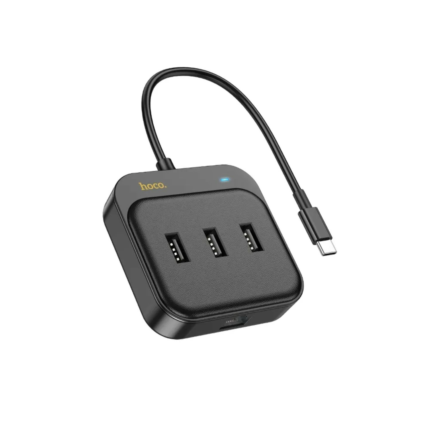 Schwarzer USB-Hub mit drei USB-Anschlüssen und einem USB-C-Kabel.