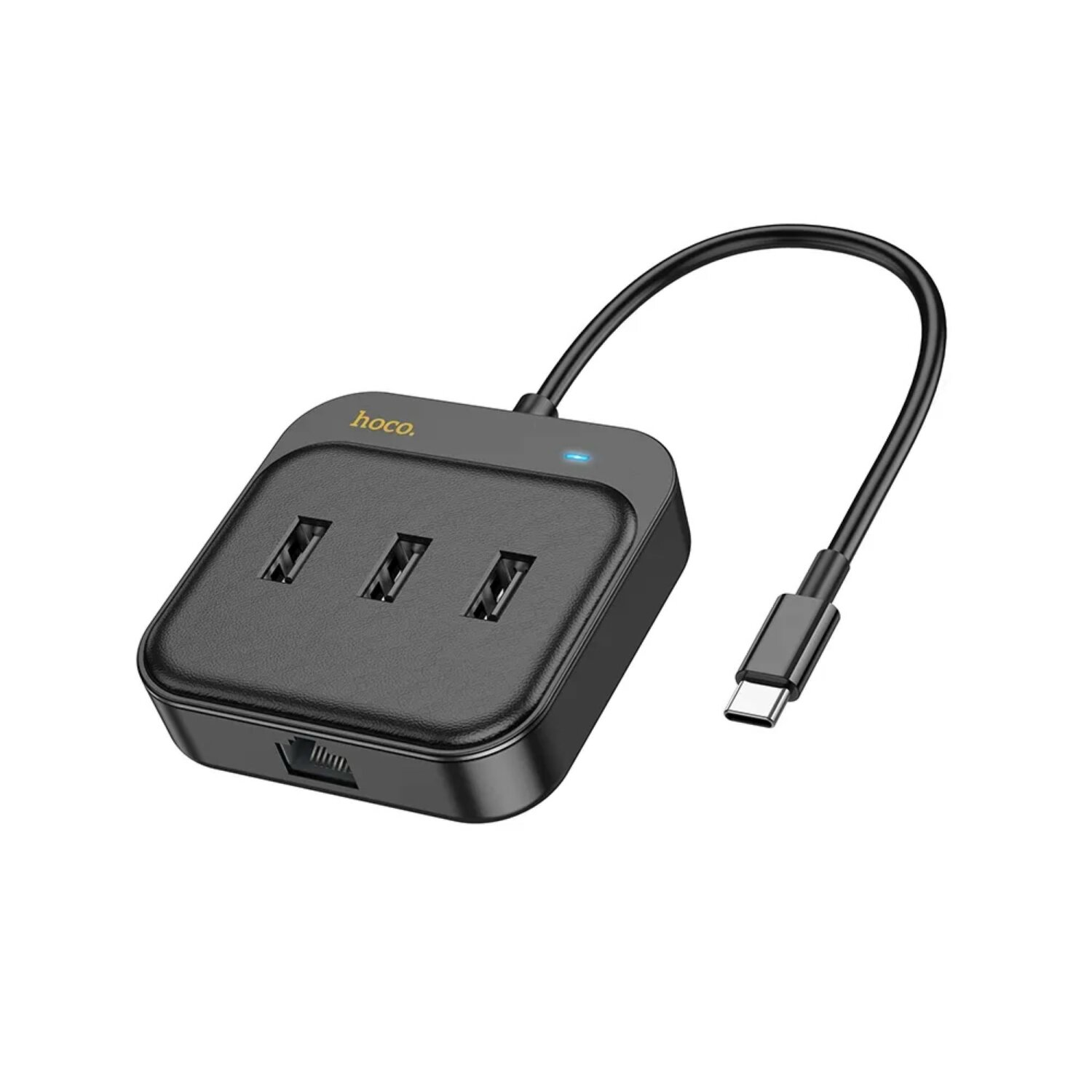 Schwarzer USB-Hub mit drei USB-Anschlüssen und einem USB-C-Anschlusskabel.