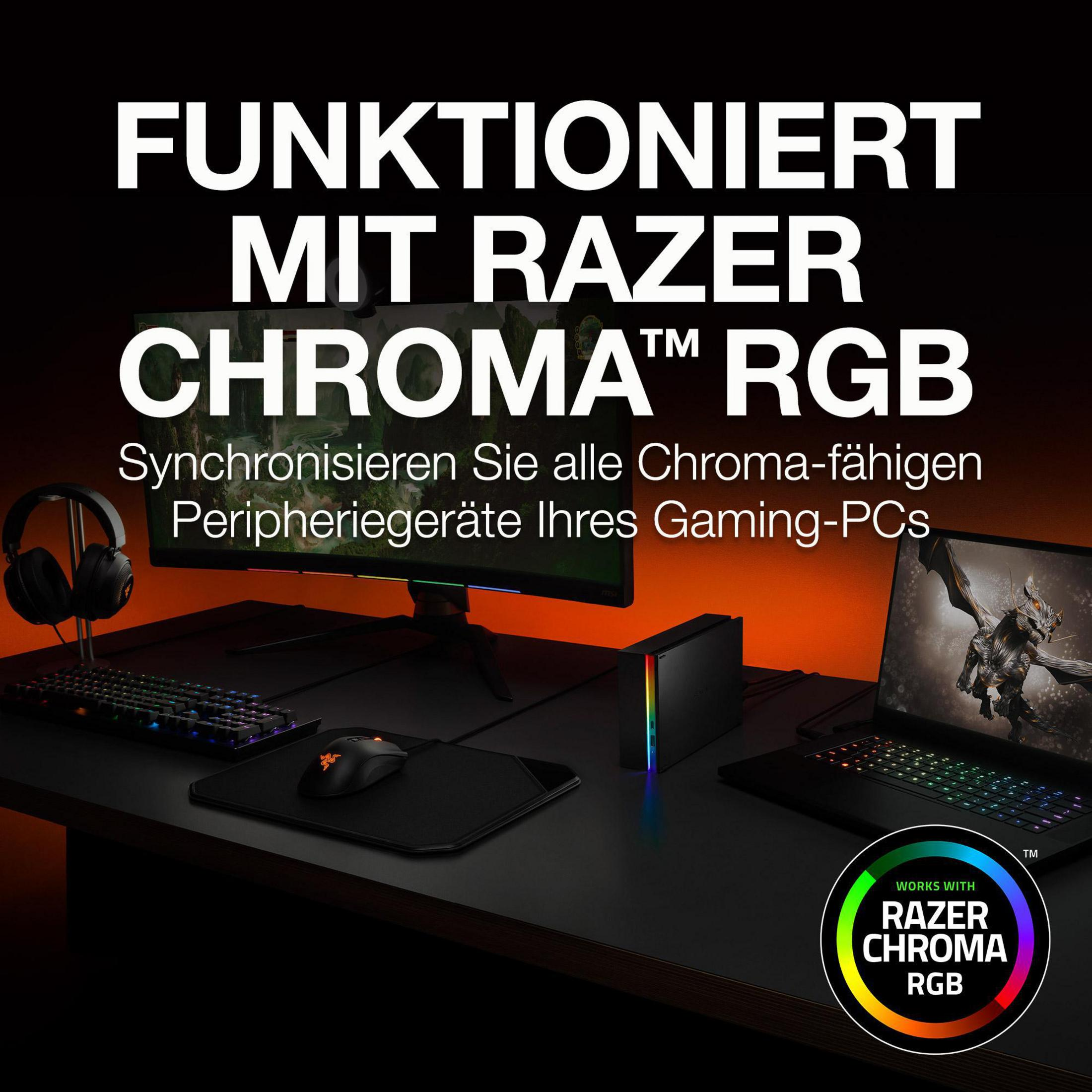 Konfiguracja do gier: monitor, klawiatura, słuchawki, mysz i głośnik z Razer Chroma.