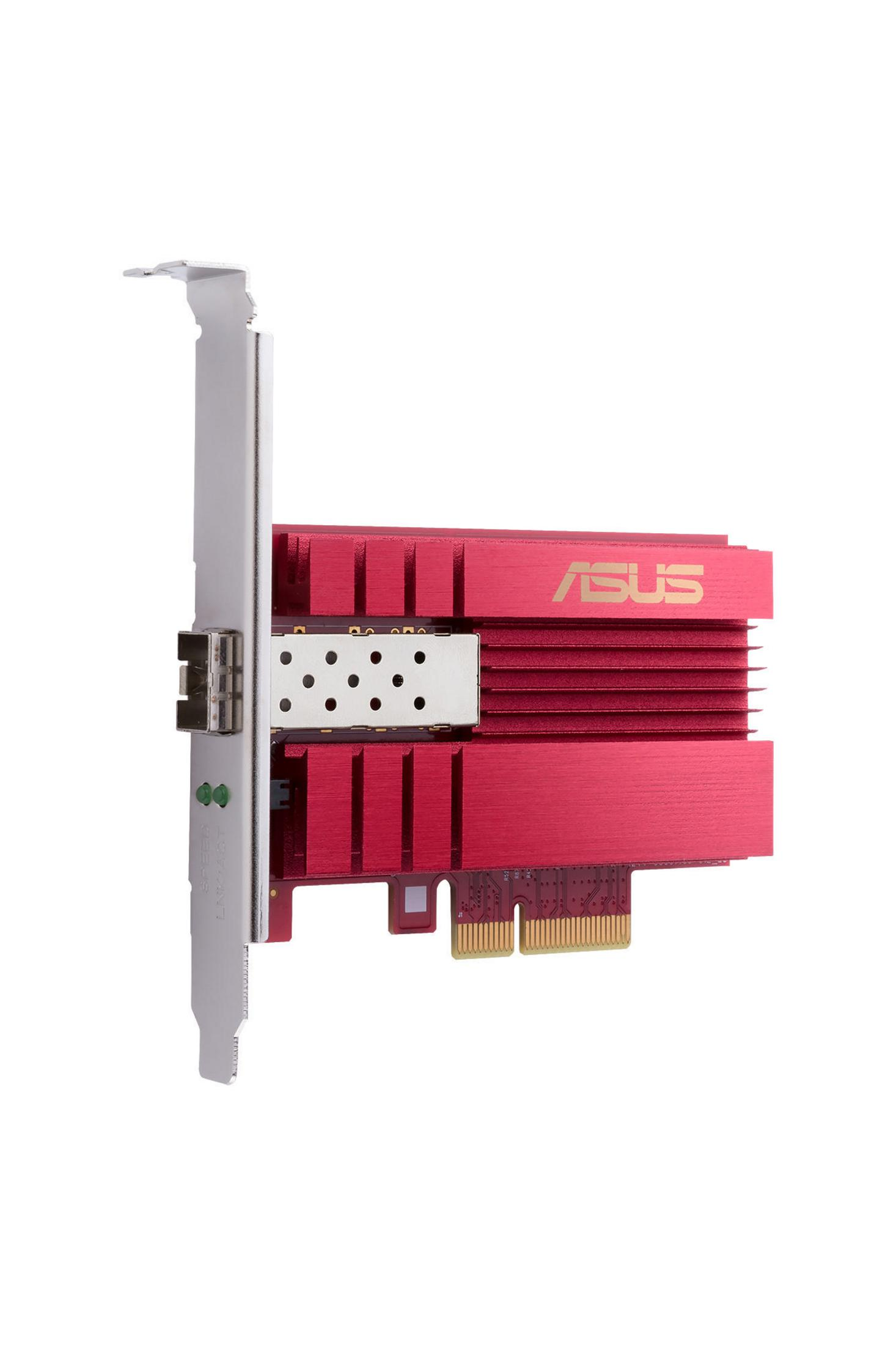 Una tarjeta de red ASUS roja. Tiene un conector dorado y un disipador de calor rojo.